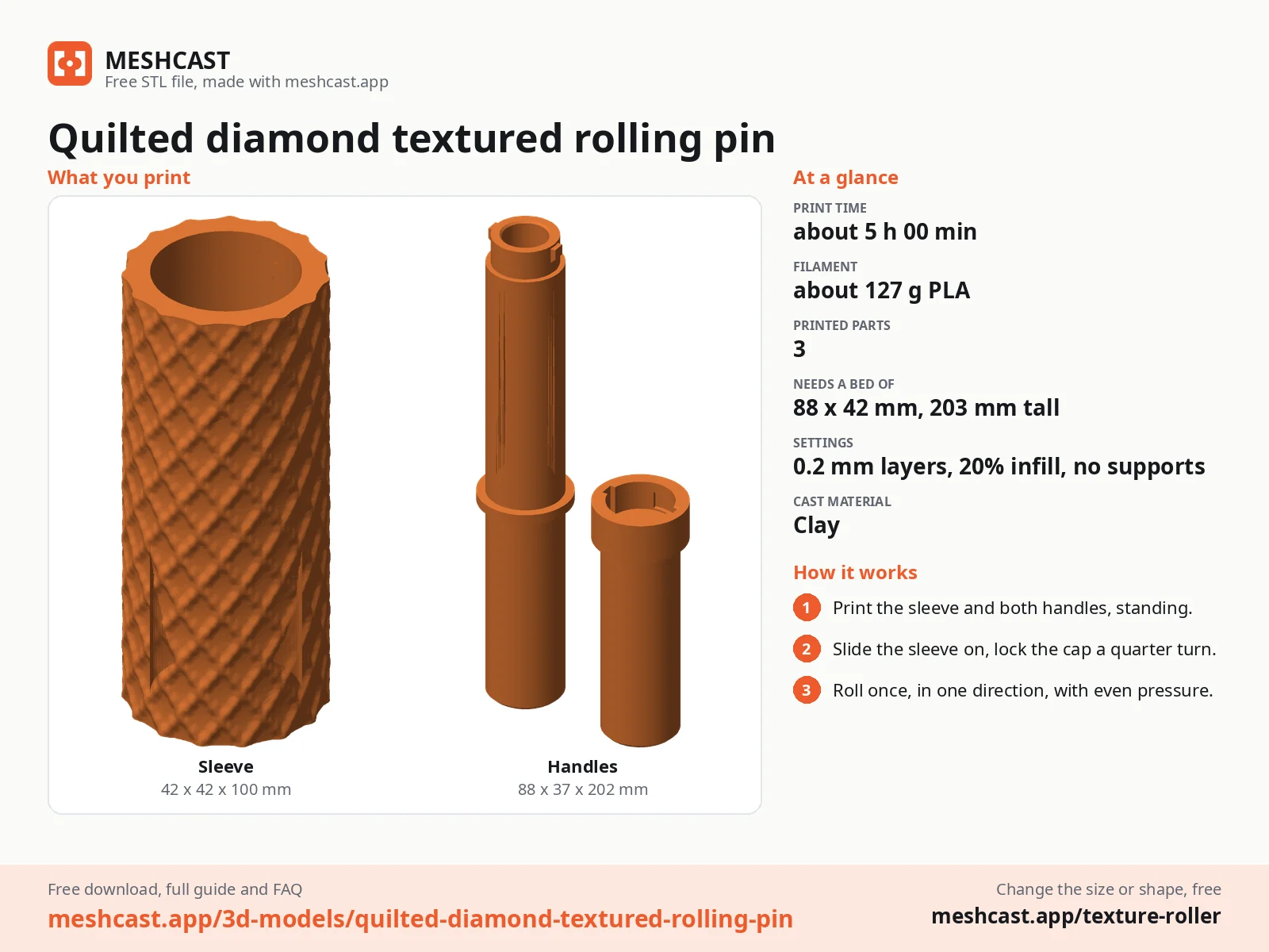 Quilted diamond textured rolling pin at a glance: every printed part with its size, print time, filament, print settings and the three steps to use it