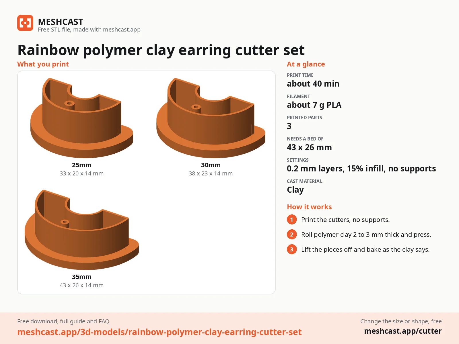 Rainbow polymer clay earring cutter set at a glance: every printed part with its size, print time, filament, print settings and the three steps to use it