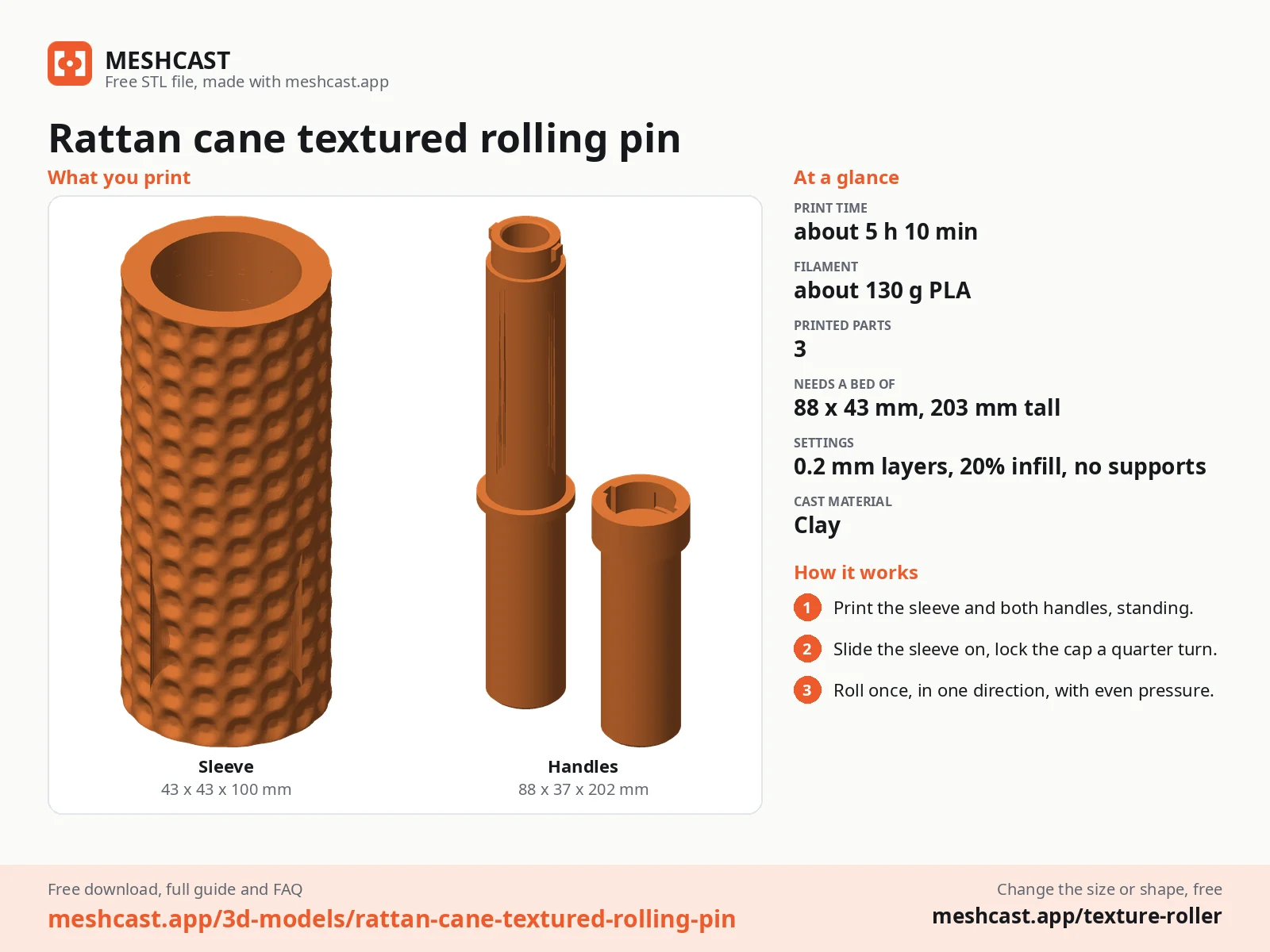 Rattan cane textured rolling pin at a glance: every printed part with its size, print time, filament, print settings and the three steps to use it