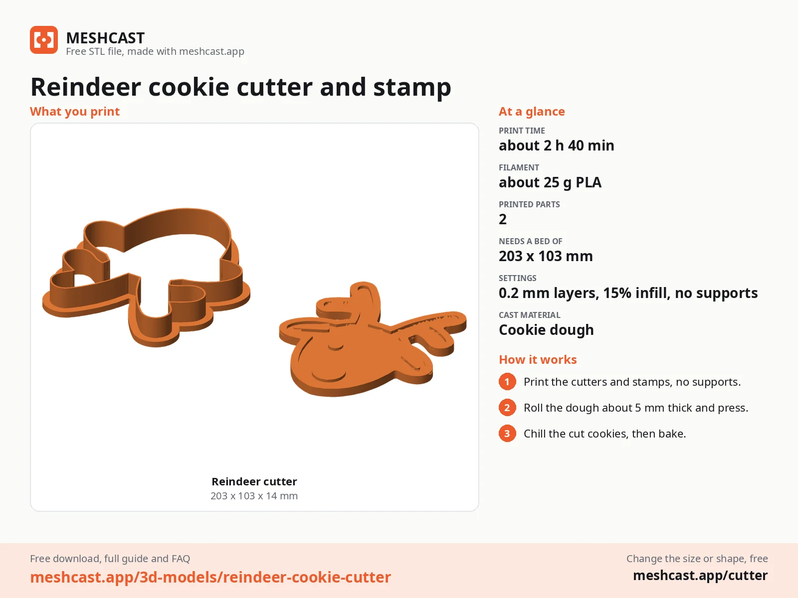 Reindeer cookie cutter and stamp at a glance: every printed part with its size, print time, filament, print settings and the three steps to use it