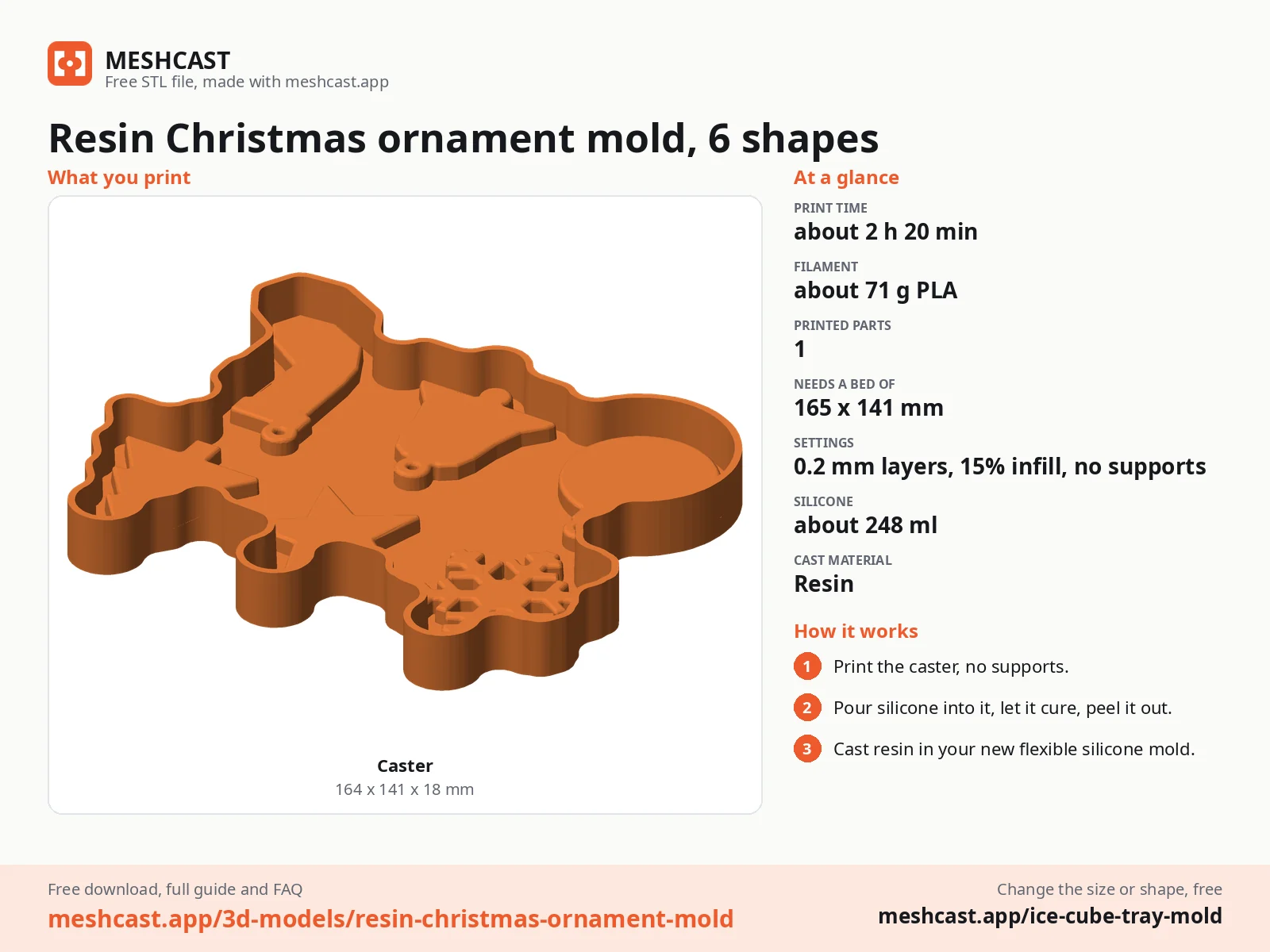 Resin Christmas ornament mold, 6 shapes at a glance: every printed part with its size, print time, filament, print settings and the three steps to use it