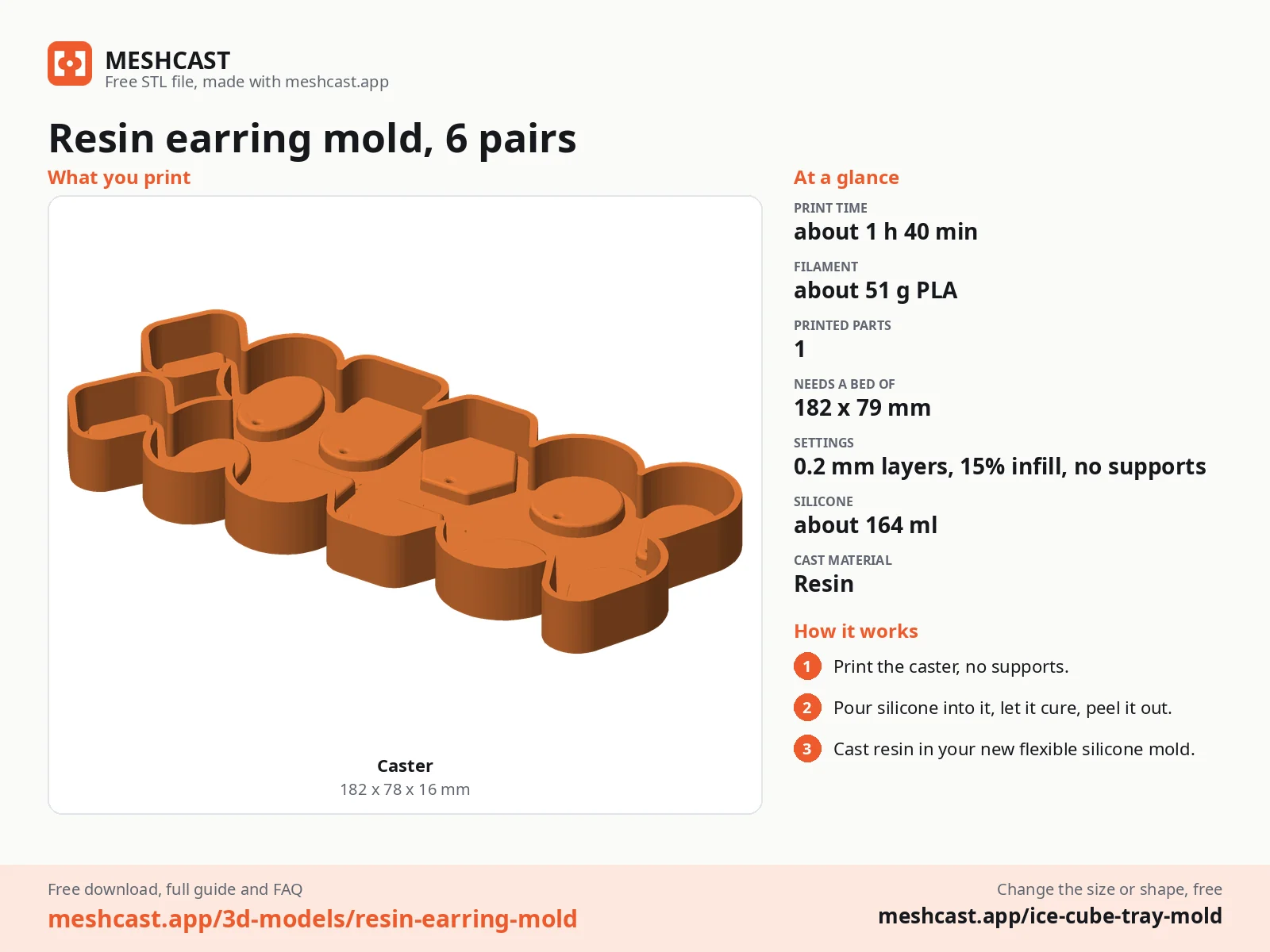 Resin earring mold, 6 pairs at a glance: every printed part with its size, print time, filament, print settings and the three steps to use it