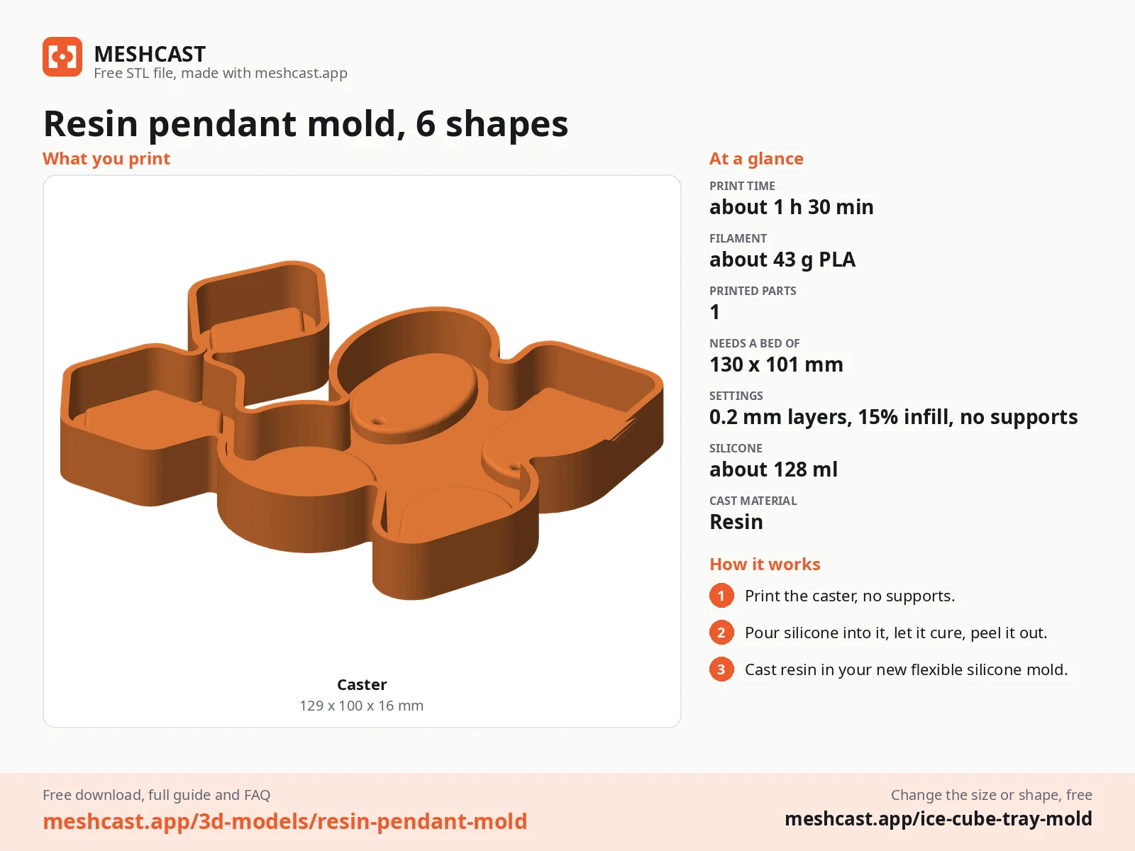 Resin pendant mold, 6 shapes at a glance: every printed part with its size, print time, filament, print settings and the three steps to use it
