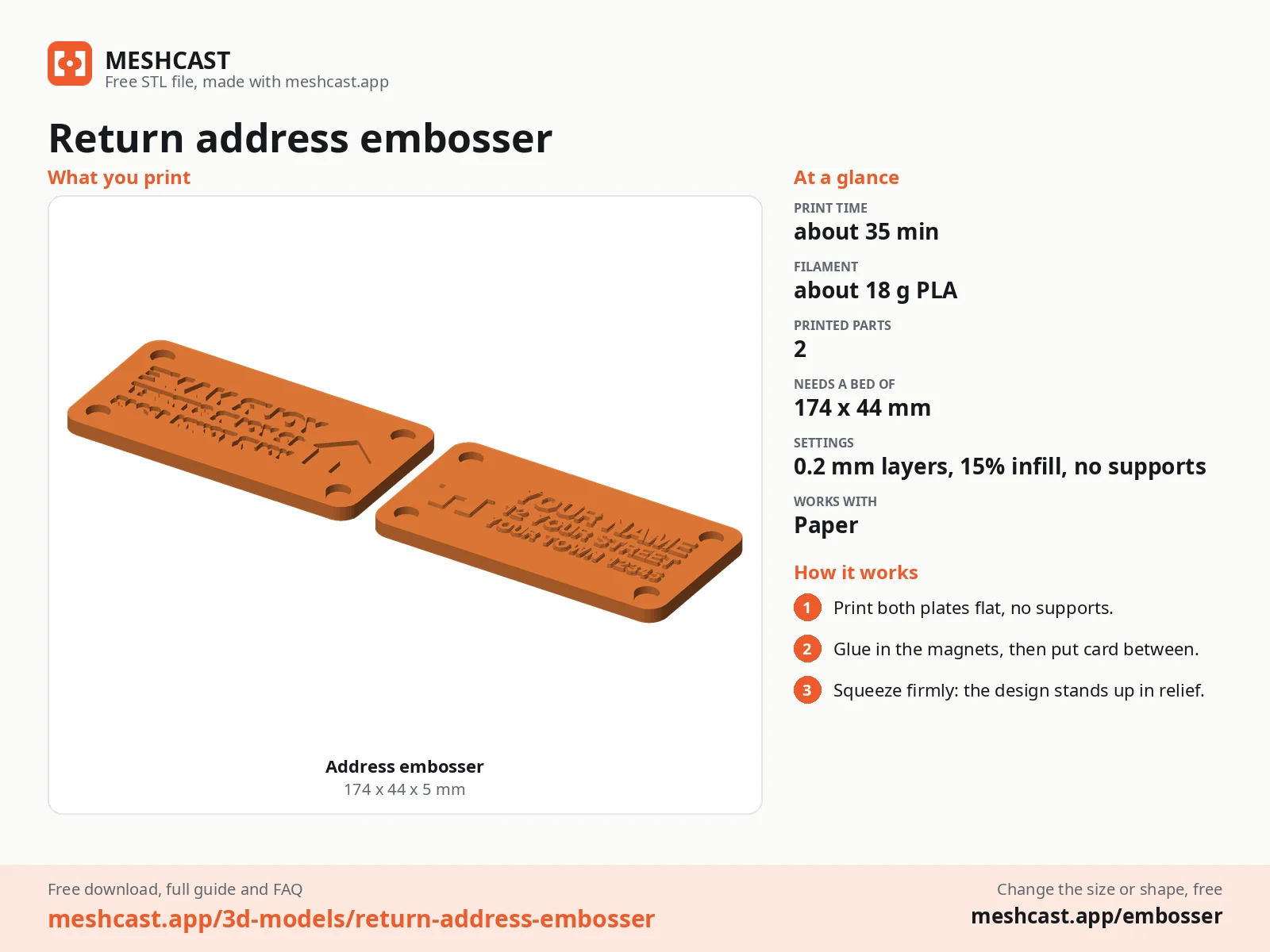 Return address embosser at a glance: every printed part with its size, print time, filament, print settings and the three steps to use it