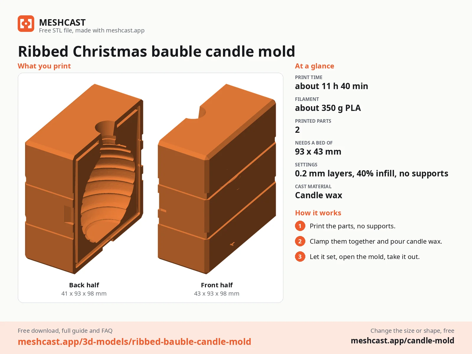 Ribbed Christmas bauble candle mold at a glance: every printed part with its size, print time, filament, print settings and the three steps to use it