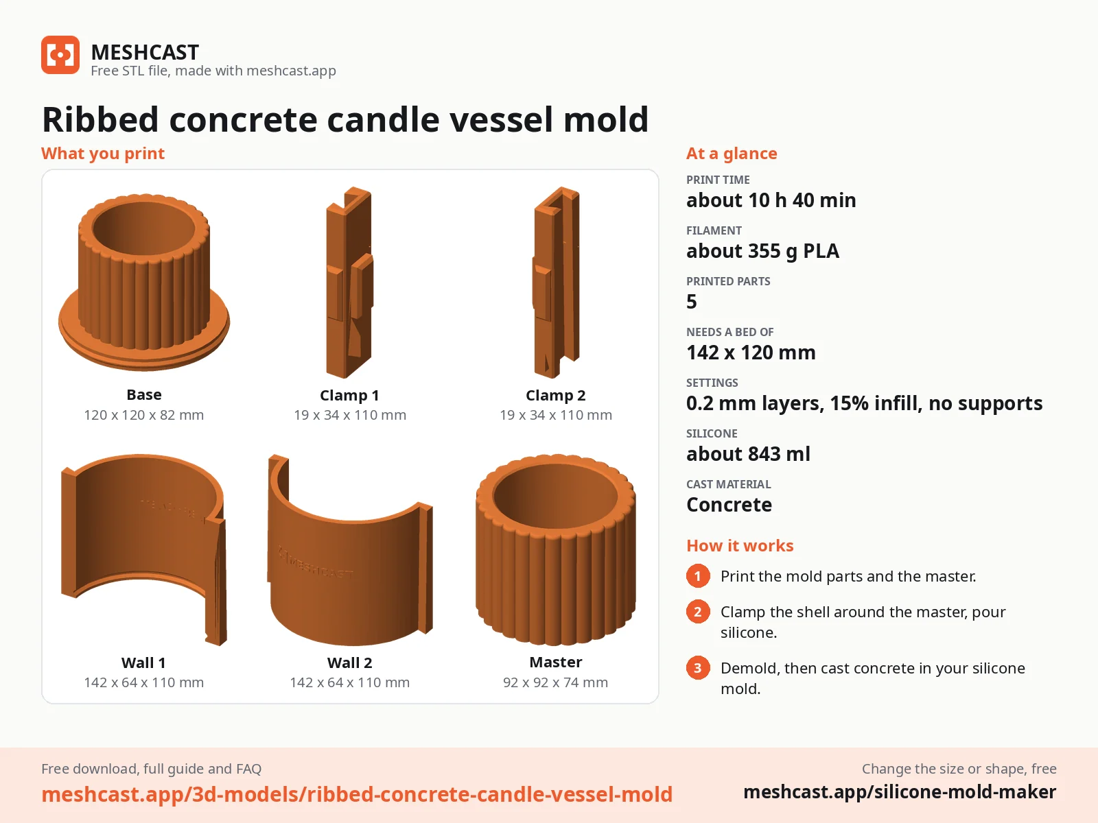 Ribbed concrete candle vessel mold at a glance: every printed part with its size, print time, filament, print settings and the three steps to use it