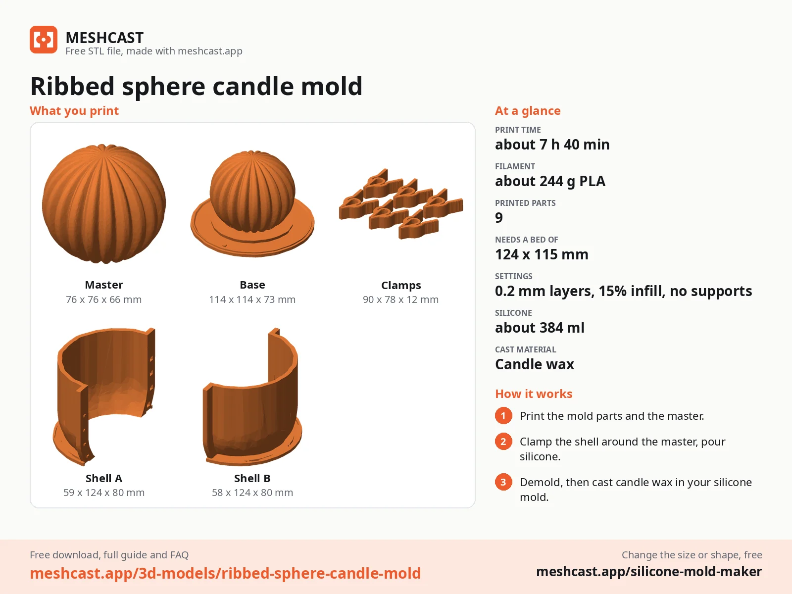 Ribbed sphere candle mold at a glance: every printed part with its size, print time, filament, print settings and the three steps to use it