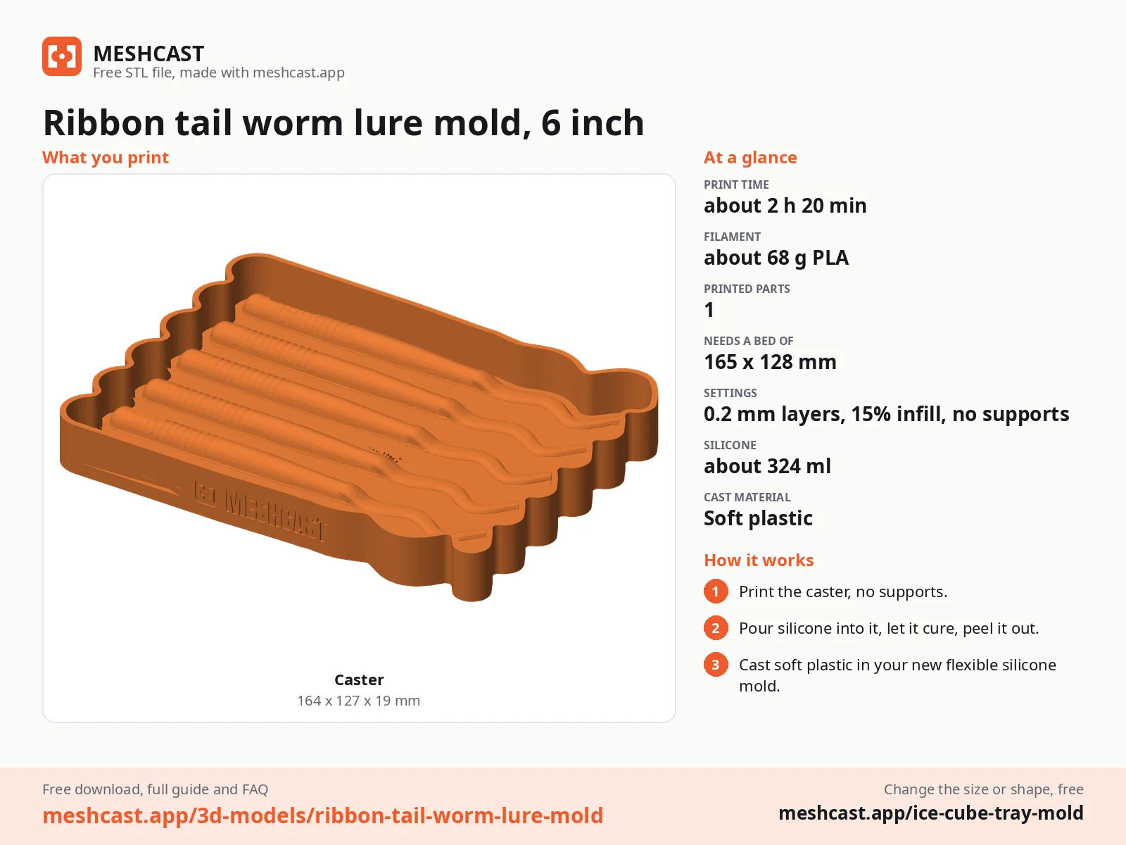 Ribbon tail worm lure mold, 6 inch at a glance: every printed part with its size, print time, filament, print settings and the three steps to use it