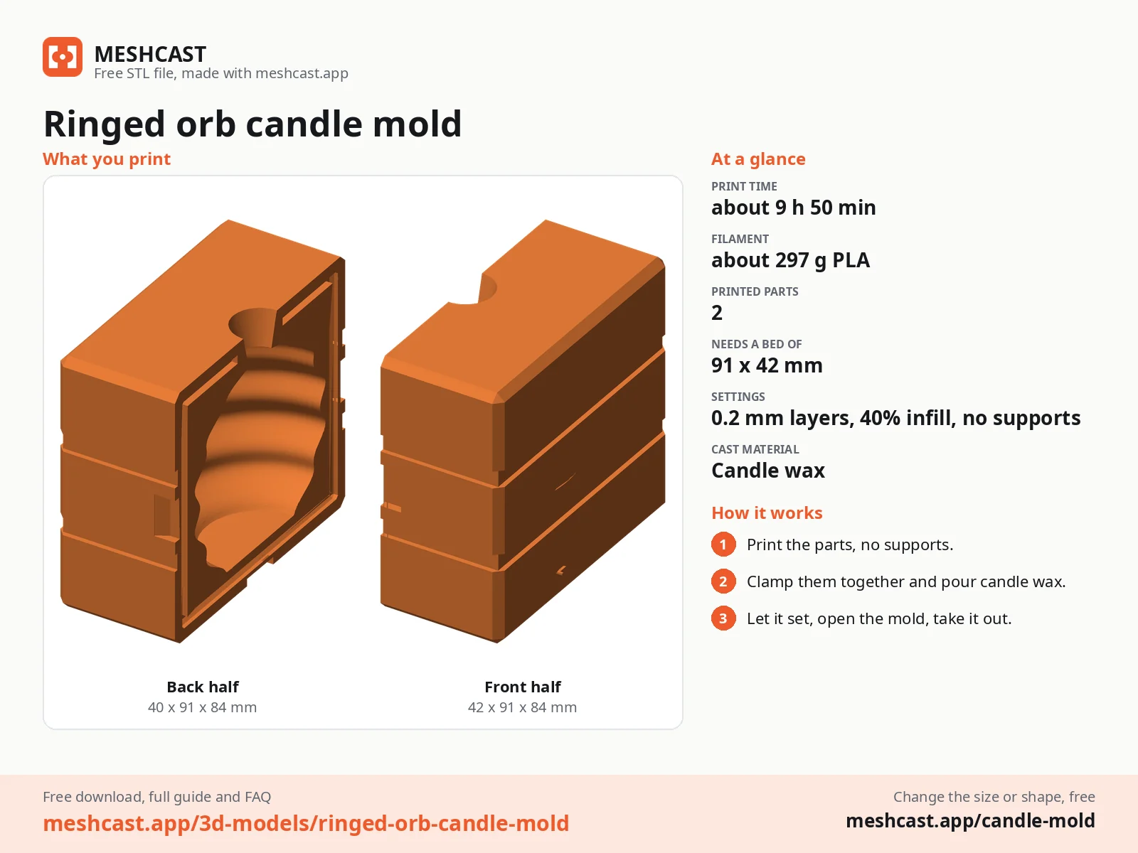 Ringed orb candle mold at a glance: every printed part with its size, print time, filament, print settings and the three steps to use it