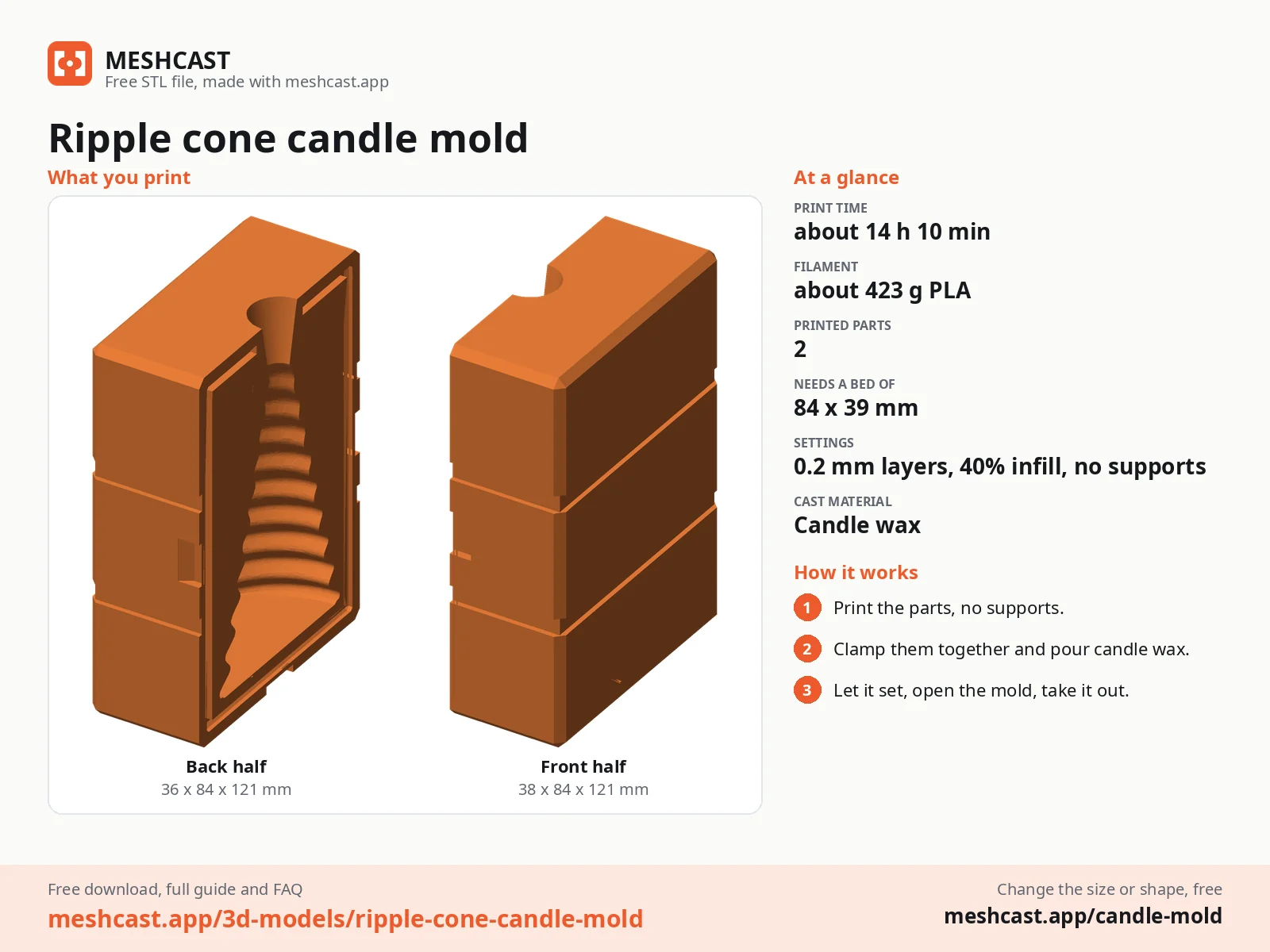 Ripple cone candle mold at a glance: every printed part with its size, print time, filament, print settings and the three steps to use it