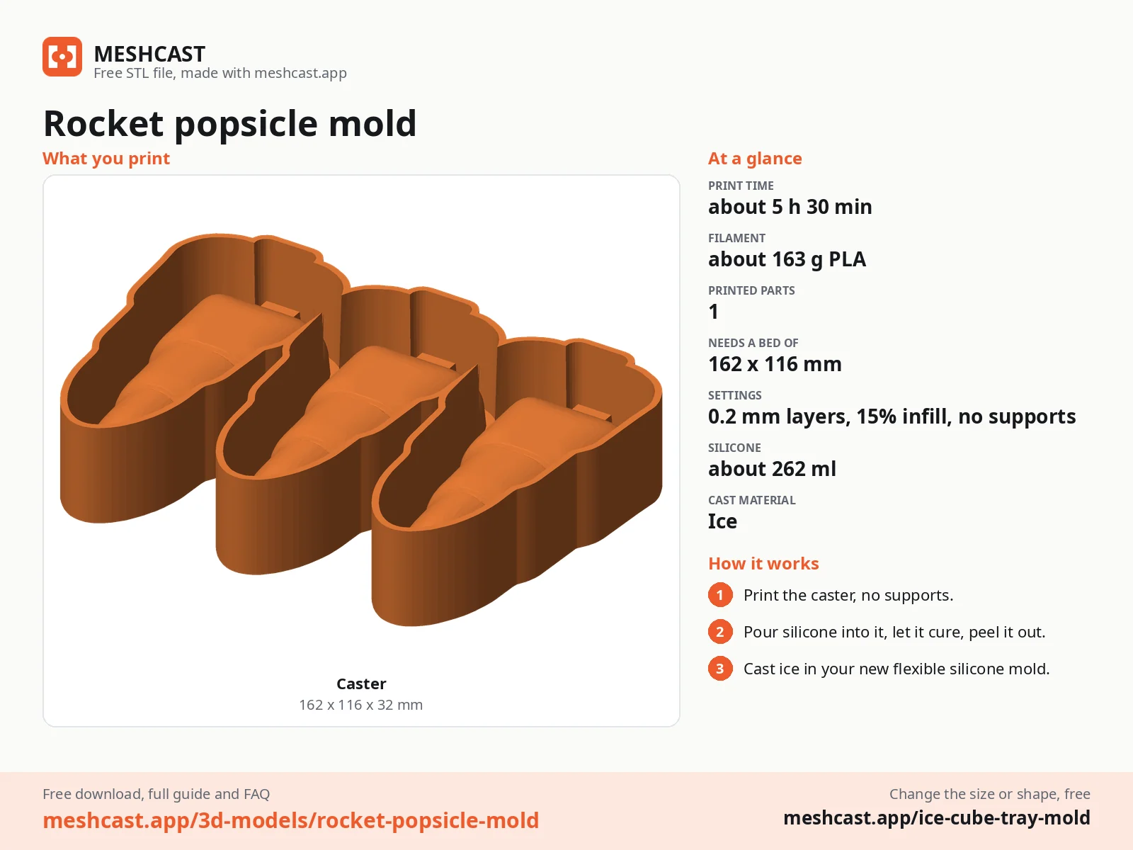 Rocket popsicle mold at a glance: every printed part with its size, print time, filament, print settings and the three steps to use it