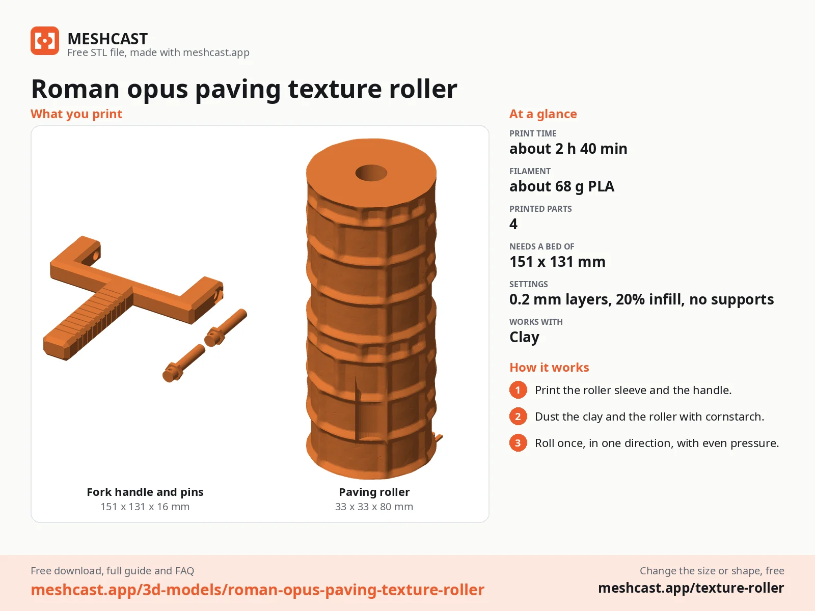 Roman opus paving texture roller at a glance: every printed part with its size, print time, filament, print settings and the three steps to use it