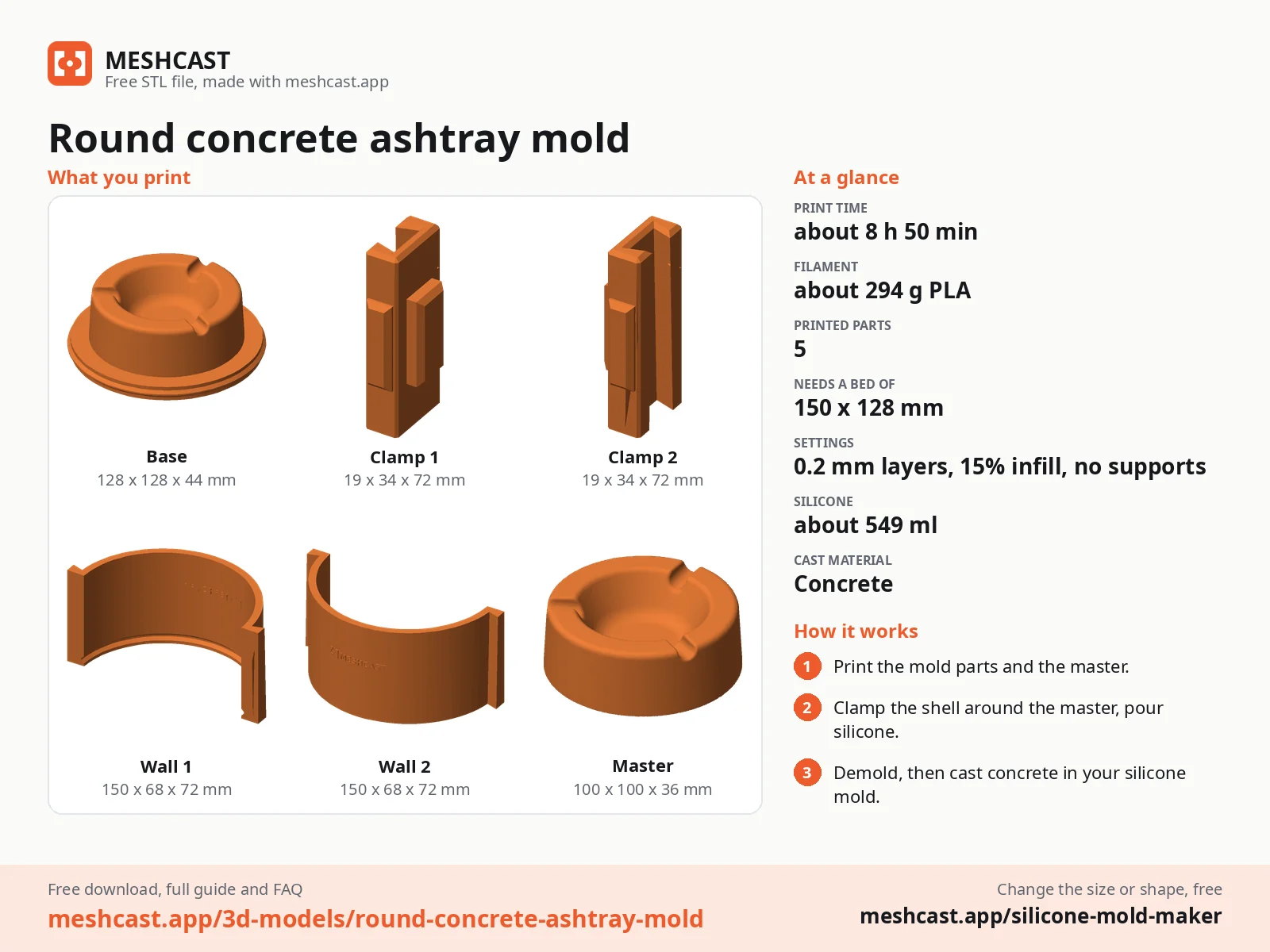 Round concrete ashtray mold at a glance: every printed part with its size, print time, filament, print settings and the three steps to use it