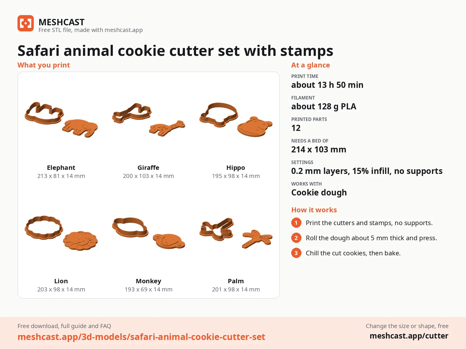 Safari animal cookie cutter set with stamps at a glance: every printed part with its size, print time, filament, print settings and the three steps to use it