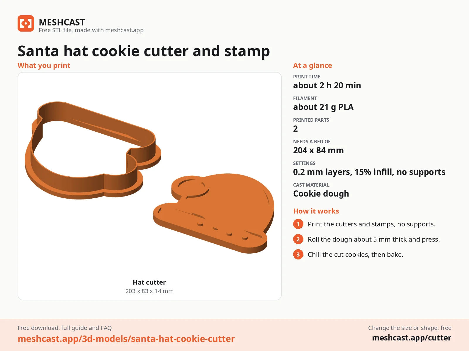 Santa hat cookie cutter and stamp at a glance: every printed part with its size, print time, filament, print settings and the three steps to use it