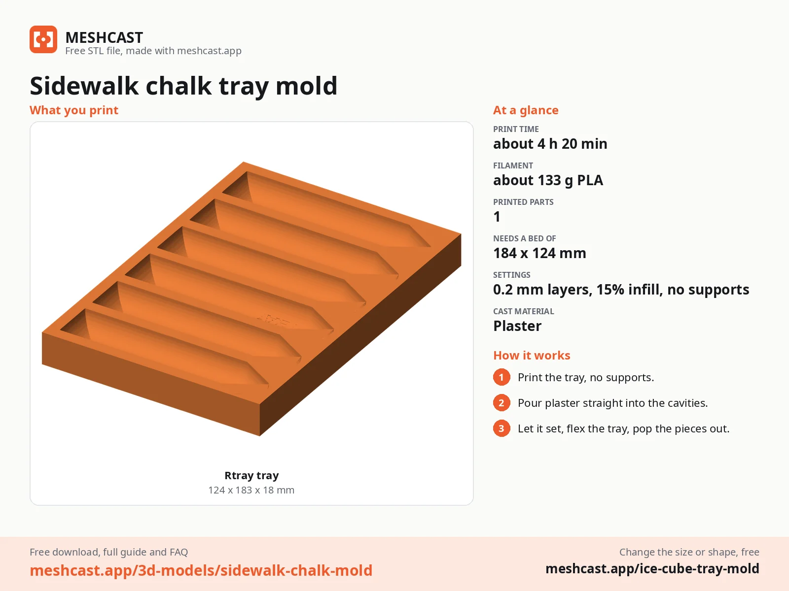 Sidewalk chalk tray mold at a glance: every printed part with its size, print time, filament, print settings and the three steps to use it