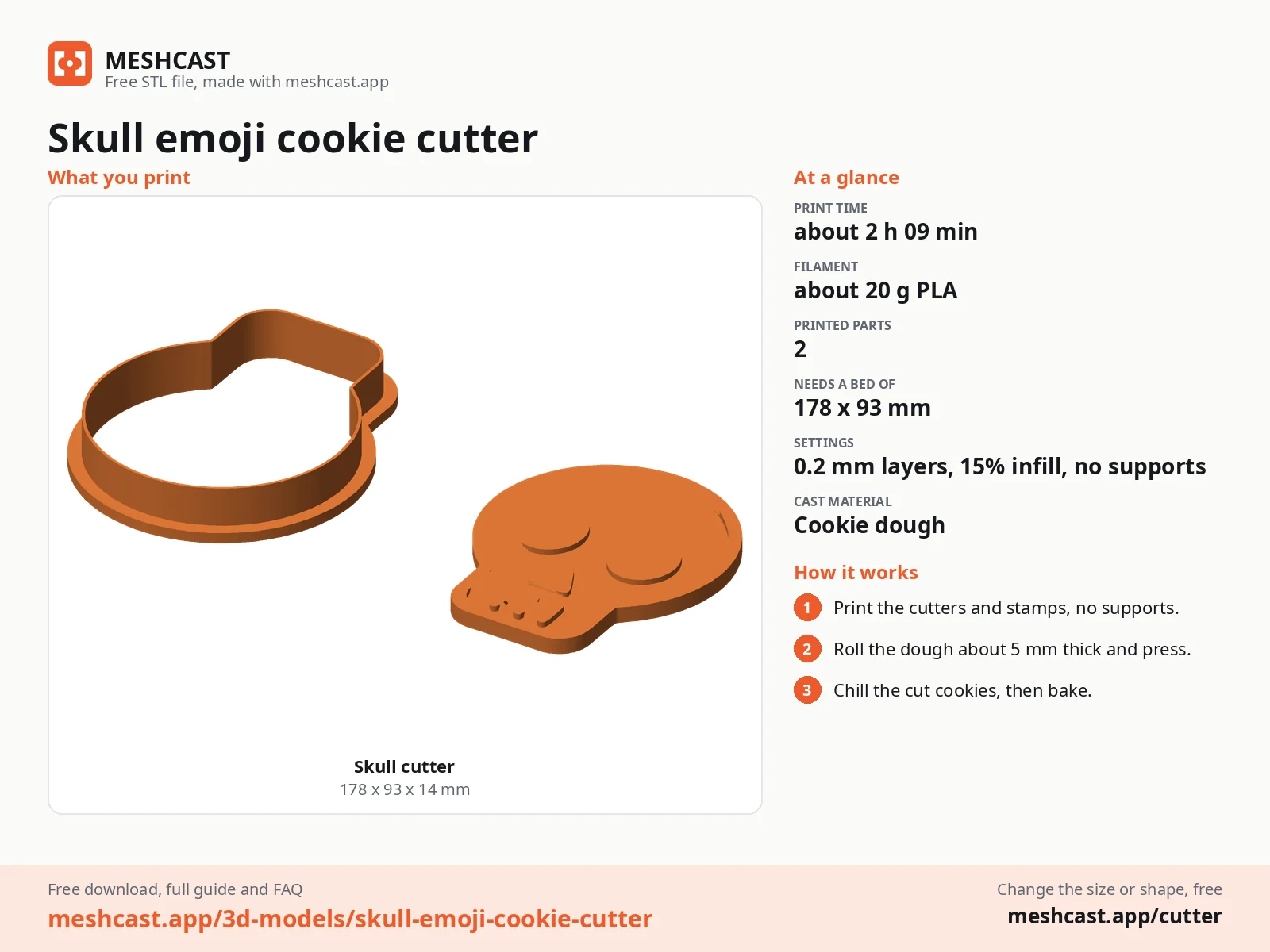 Skull emoji cookie cutter at a glance: every printed part with its size, print time, filament, print settings and the three steps to use it