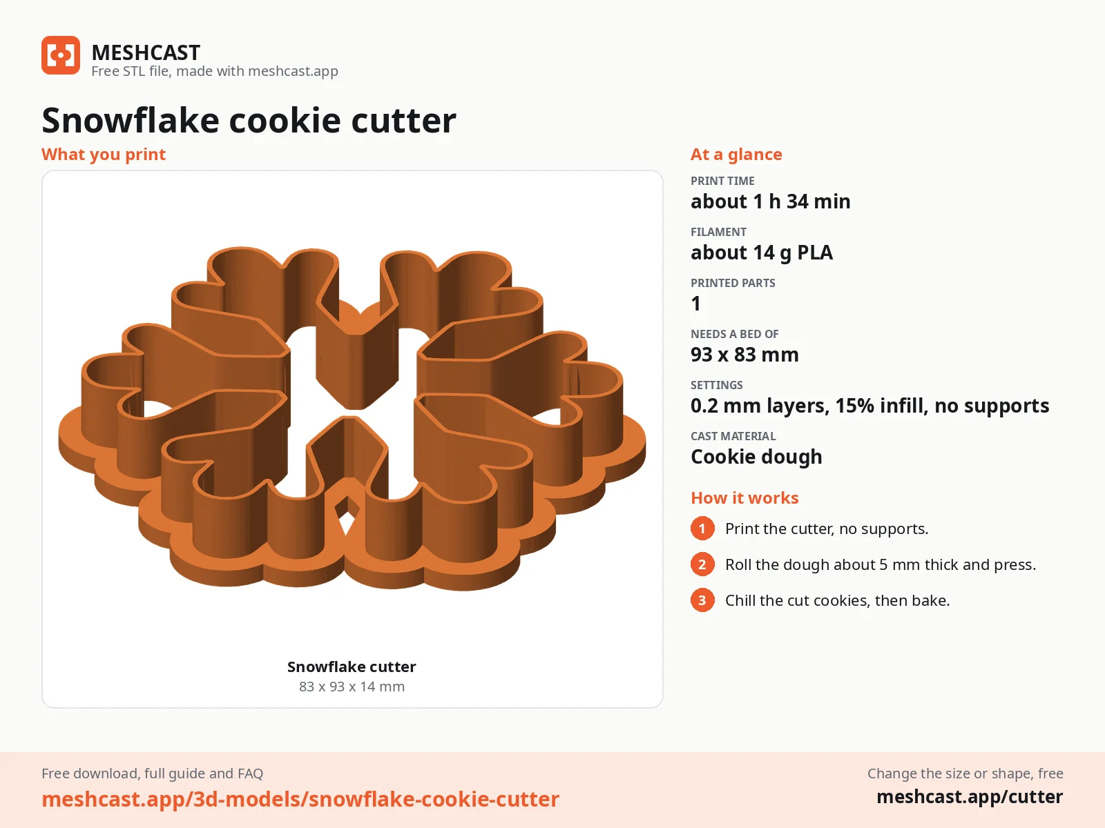 Snowflake cookie cutter at a glance: every printed part with its size, print time, filament, print settings and the three steps to use it