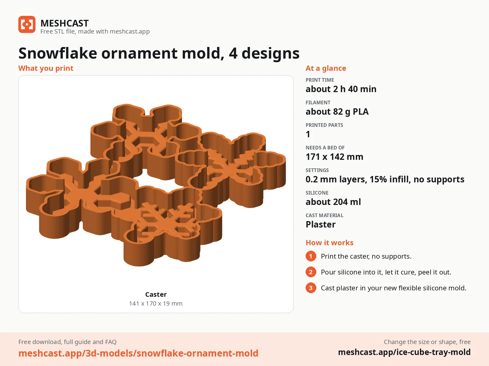 Snowflake ornament mold, 4 designs at a glance: every printed part with its size, print time, filament, print settings and the three steps to use it
