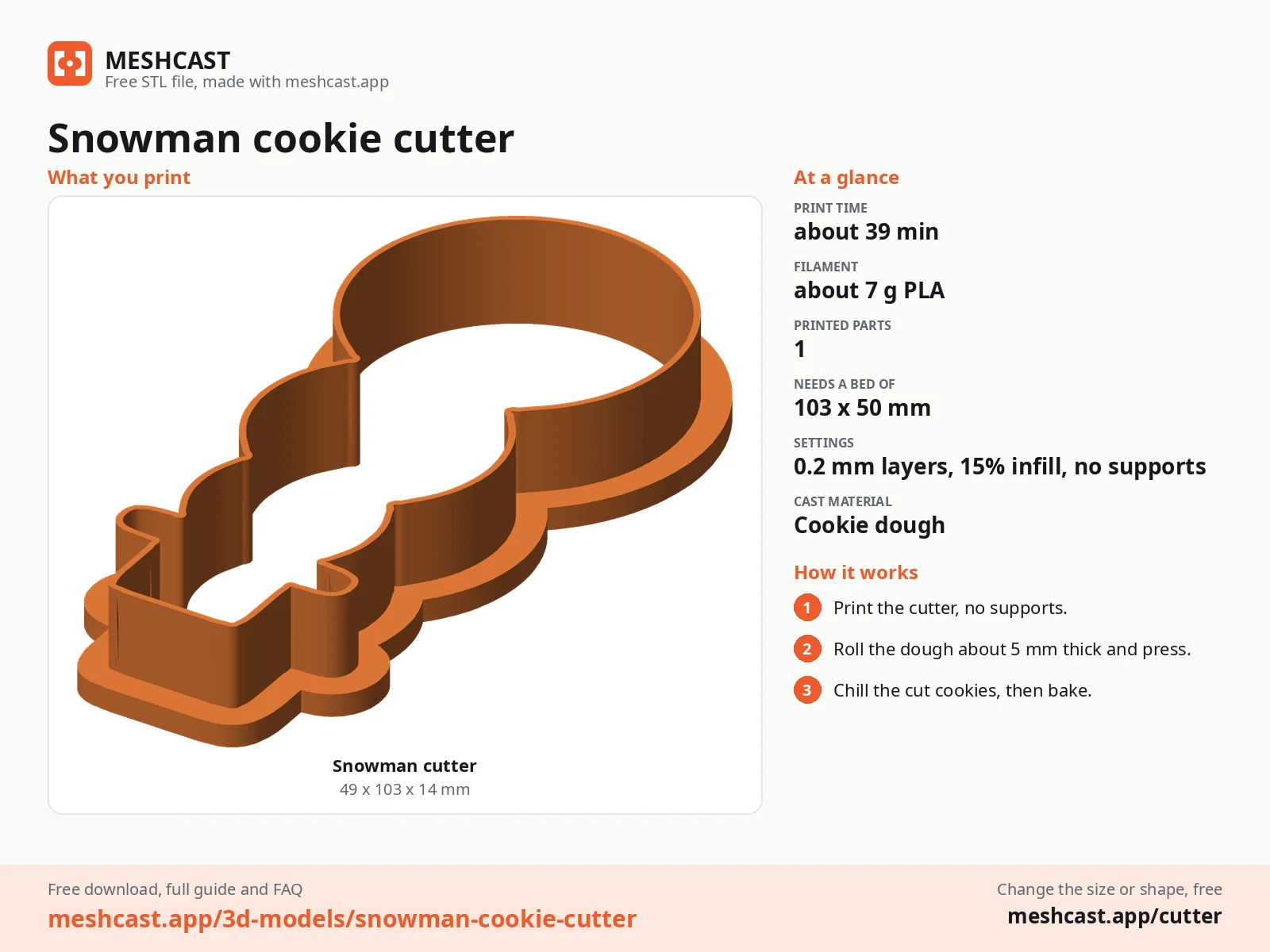 Snowman cookie cutter at a glance: every printed part with its size, print time, filament, print settings and the three steps to use it