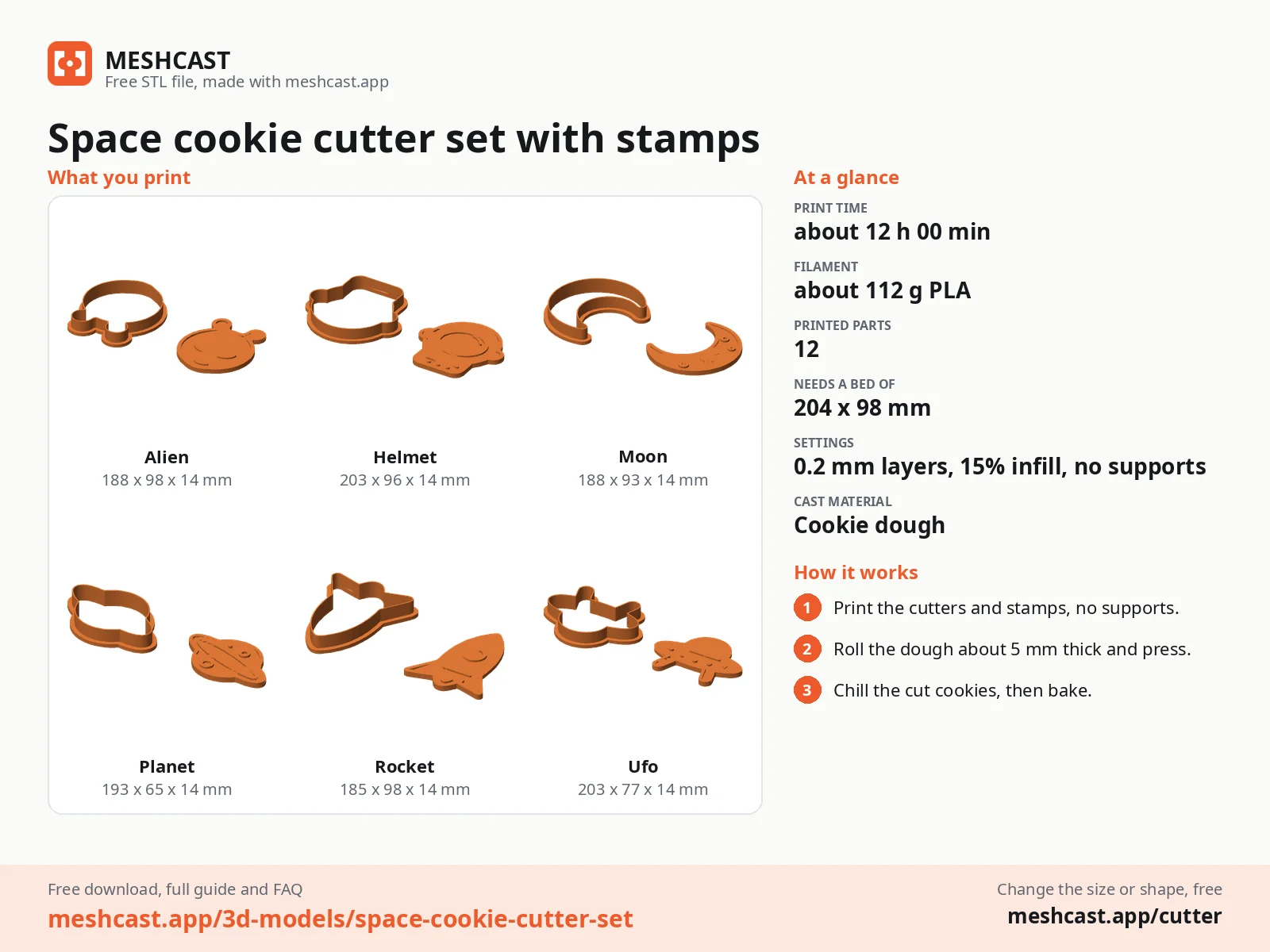 Space cookie cutter set with stamps at a glance: every printed part with its size, print time, filament, print settings and the three steps to use it