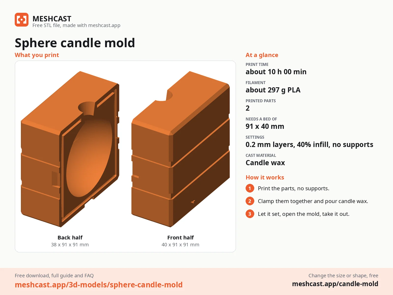 Sphere candle mold at a glance: every printed part with its size, print time, filament, print settings and the three steps to use it
