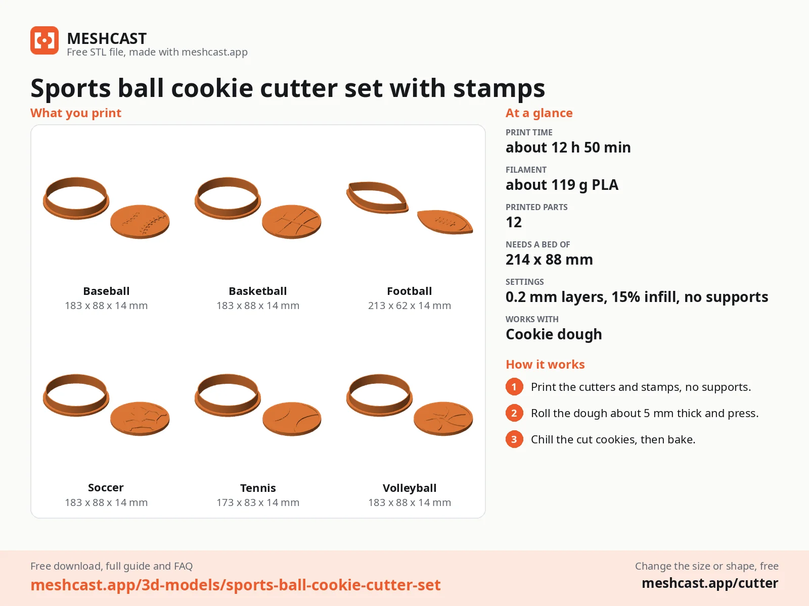 Sports ball cookie cutter set with stamps at a glance: every printed part with its size, print time, filament, print settings and the three steps to use it