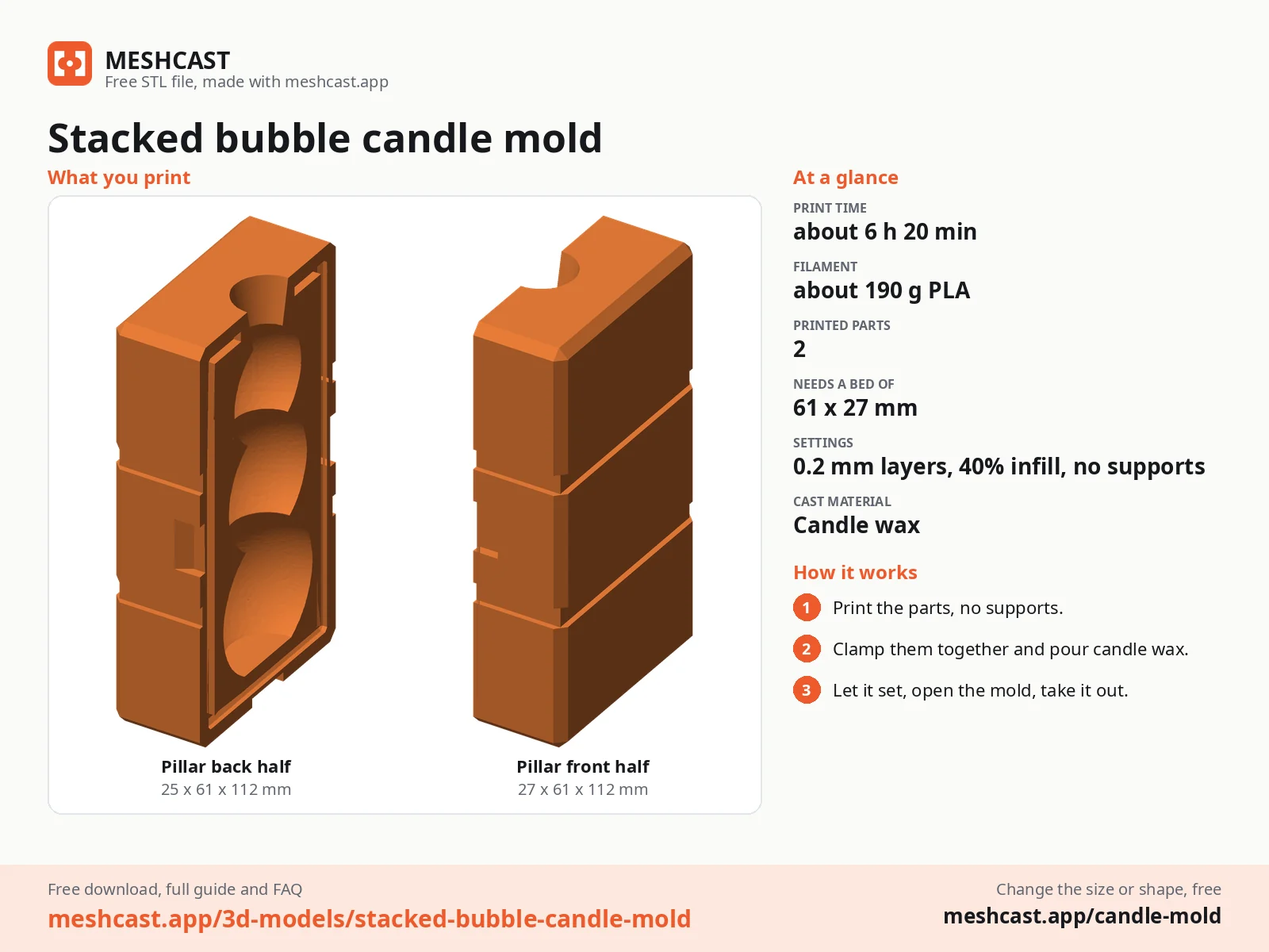 Stacked bubble candle mold at a glance: every printed part with its size, print time, filament, print settings and the three steps to use it