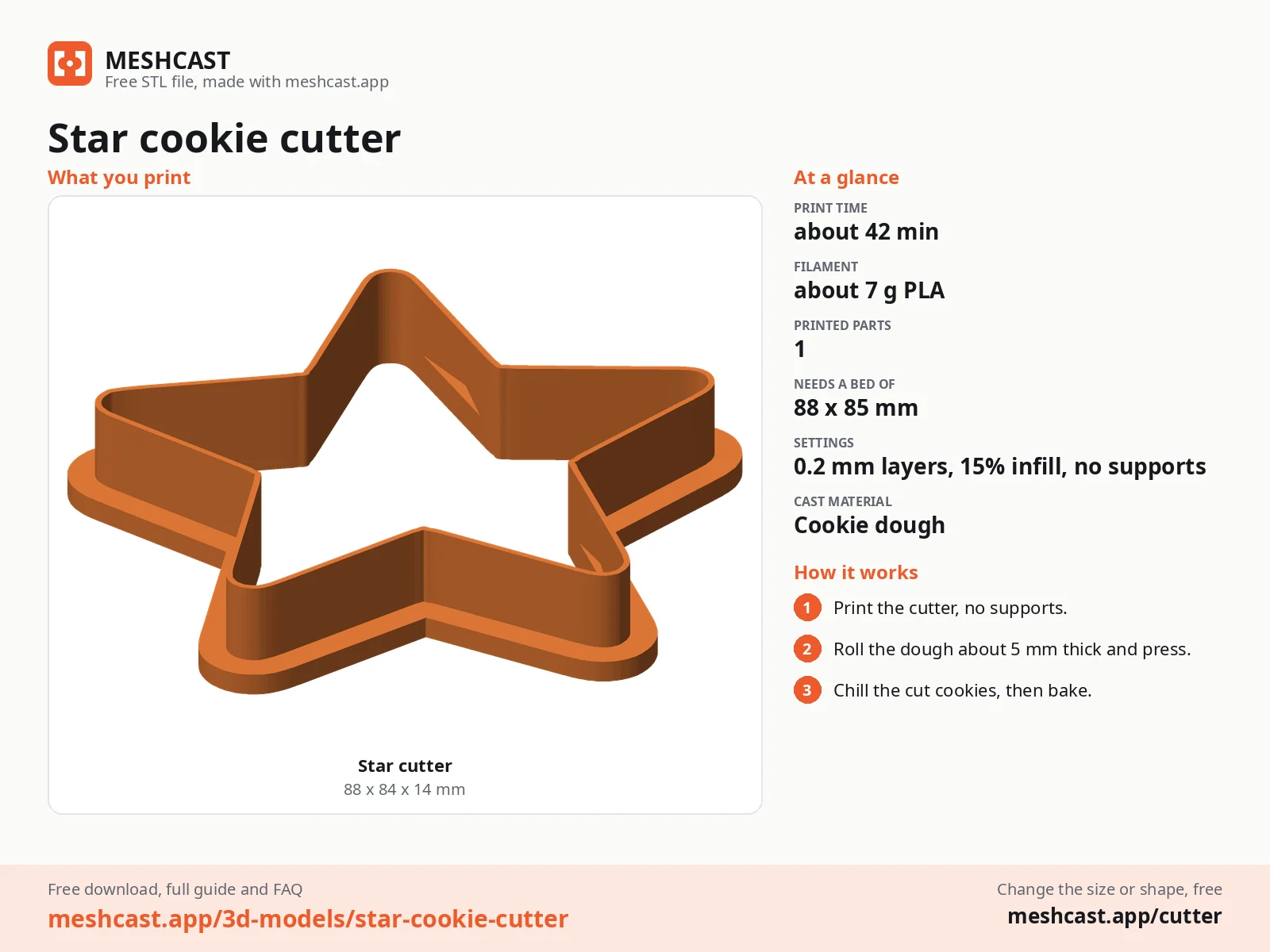 Star cookie cutter at a glance: every printed part with its size, print time, filament, print settings and the three steps to use it