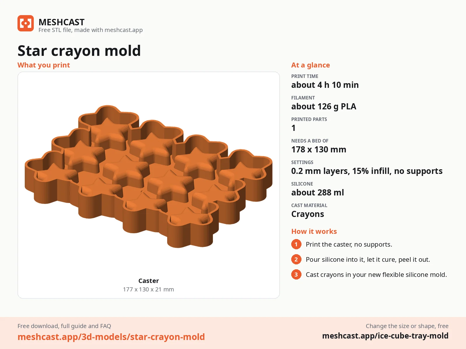 Star crayon mold at a glance: every printed part with its size, print time, filament, print settings and the three steps to use it