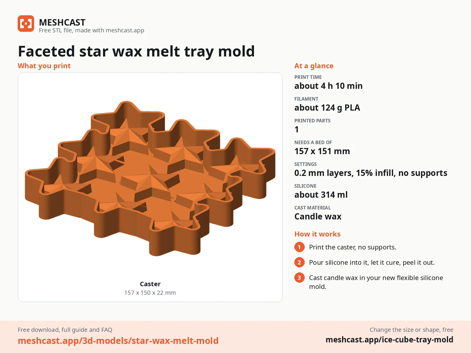 Faceted star wax melt tray mold at a glance: every printed part with its size, print time, filament, print settings and the three steps to use it