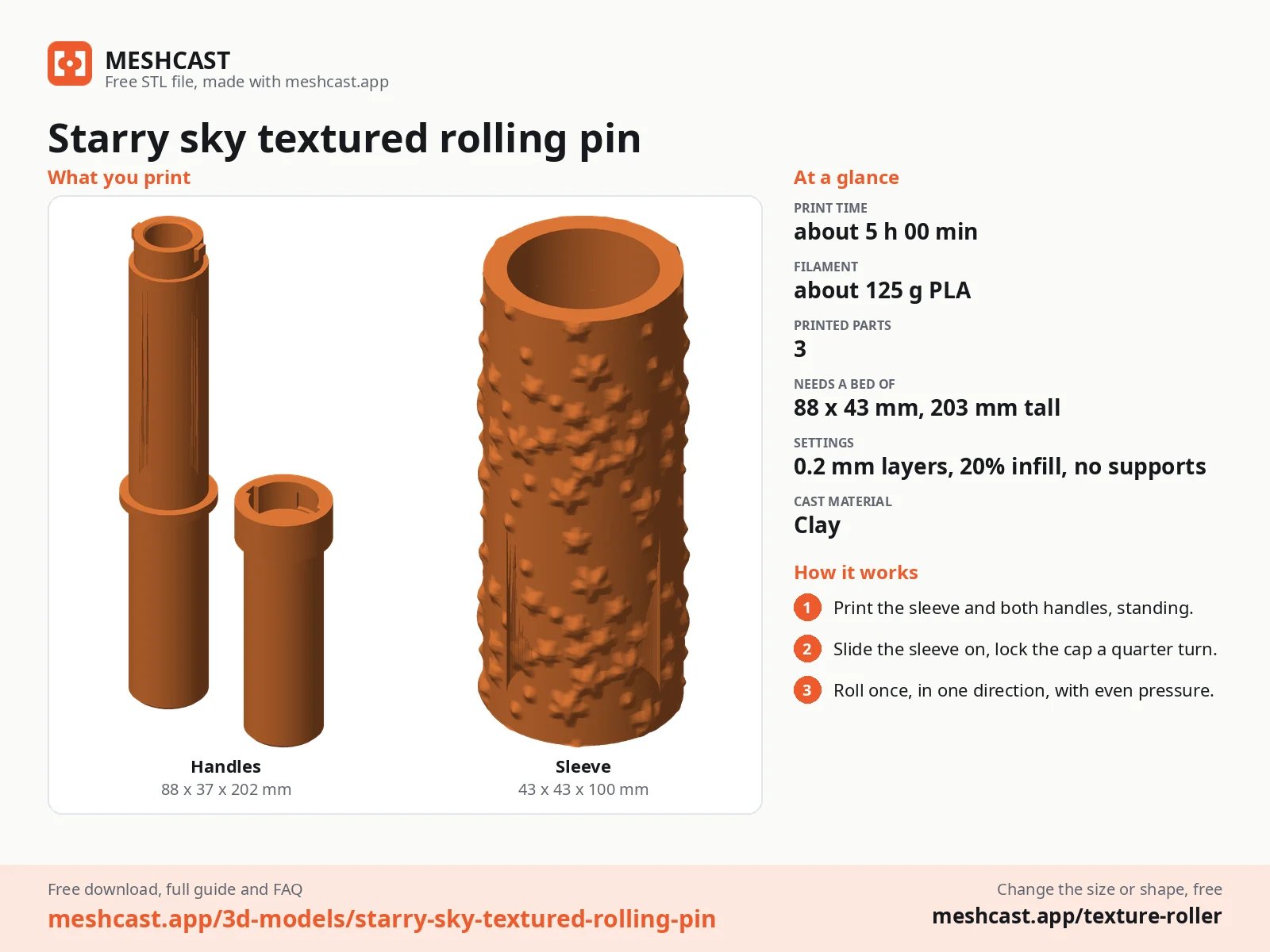 Starry sky textured rolling pin at a glance: every printed part with its size, print time, filament, print settings and the three steps to use it