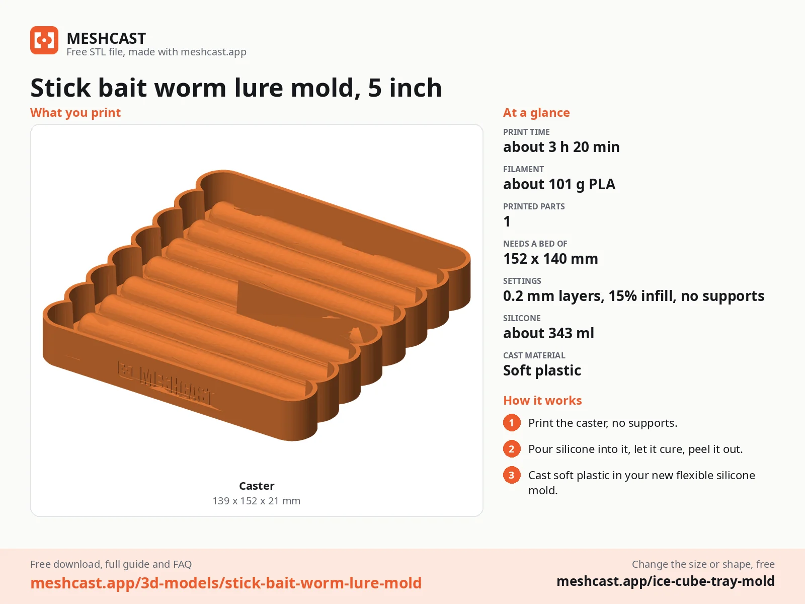Stick bait worm lure mold, 5 inch at a glance: every printed part with its size, print time, filament, print settings and the three steps to use it