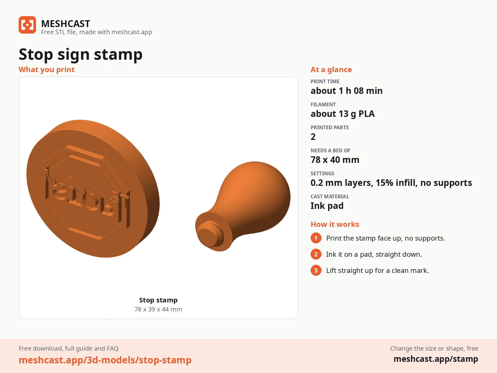Stop sign stamp at a glance: every printed part with its size, print time, filament, print settings and the three steps to use it