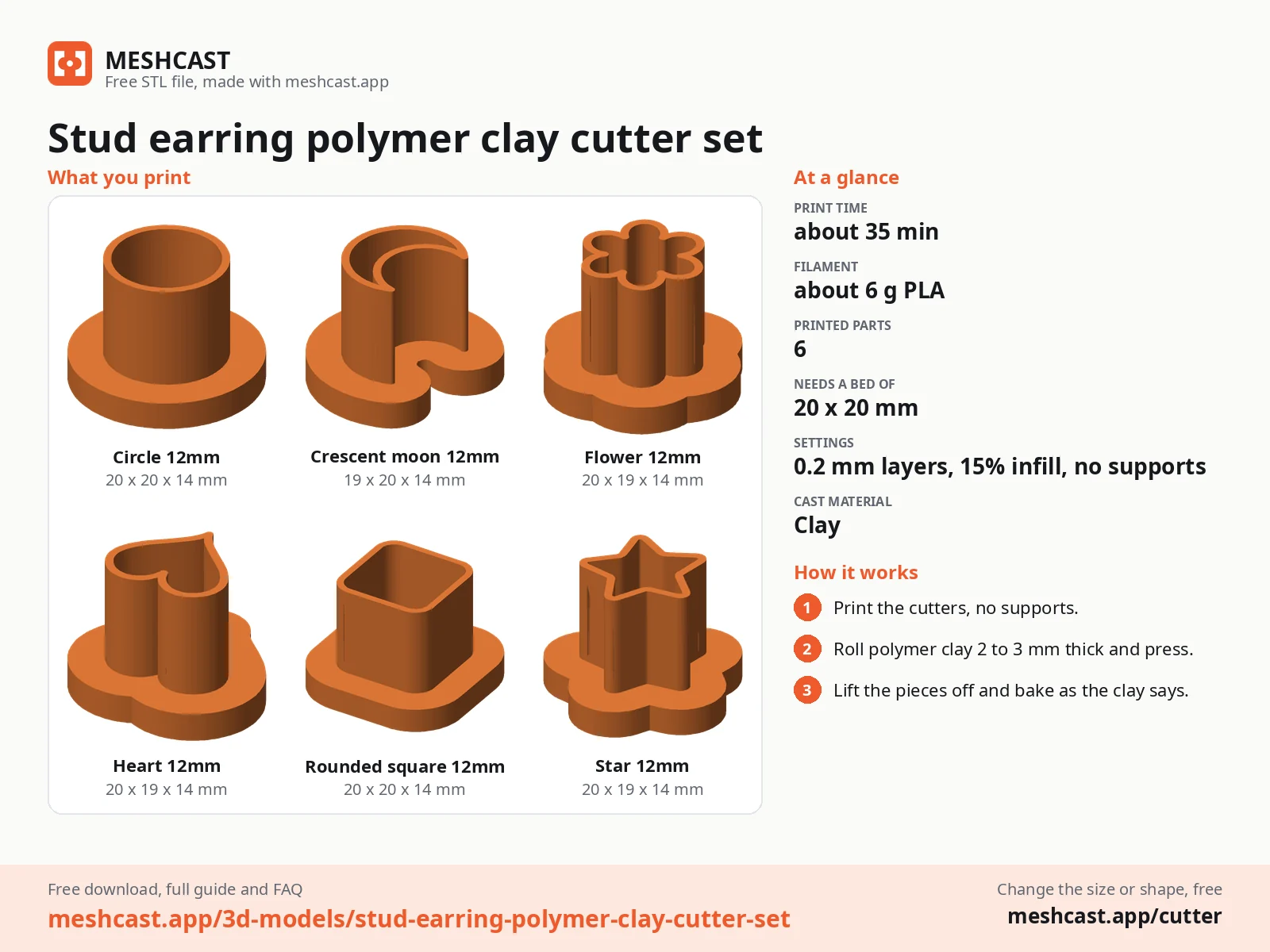 Stud earring polymer clay cutter set at a glance: every printed part with its size, print time, filament, print settings and the three steps to use it