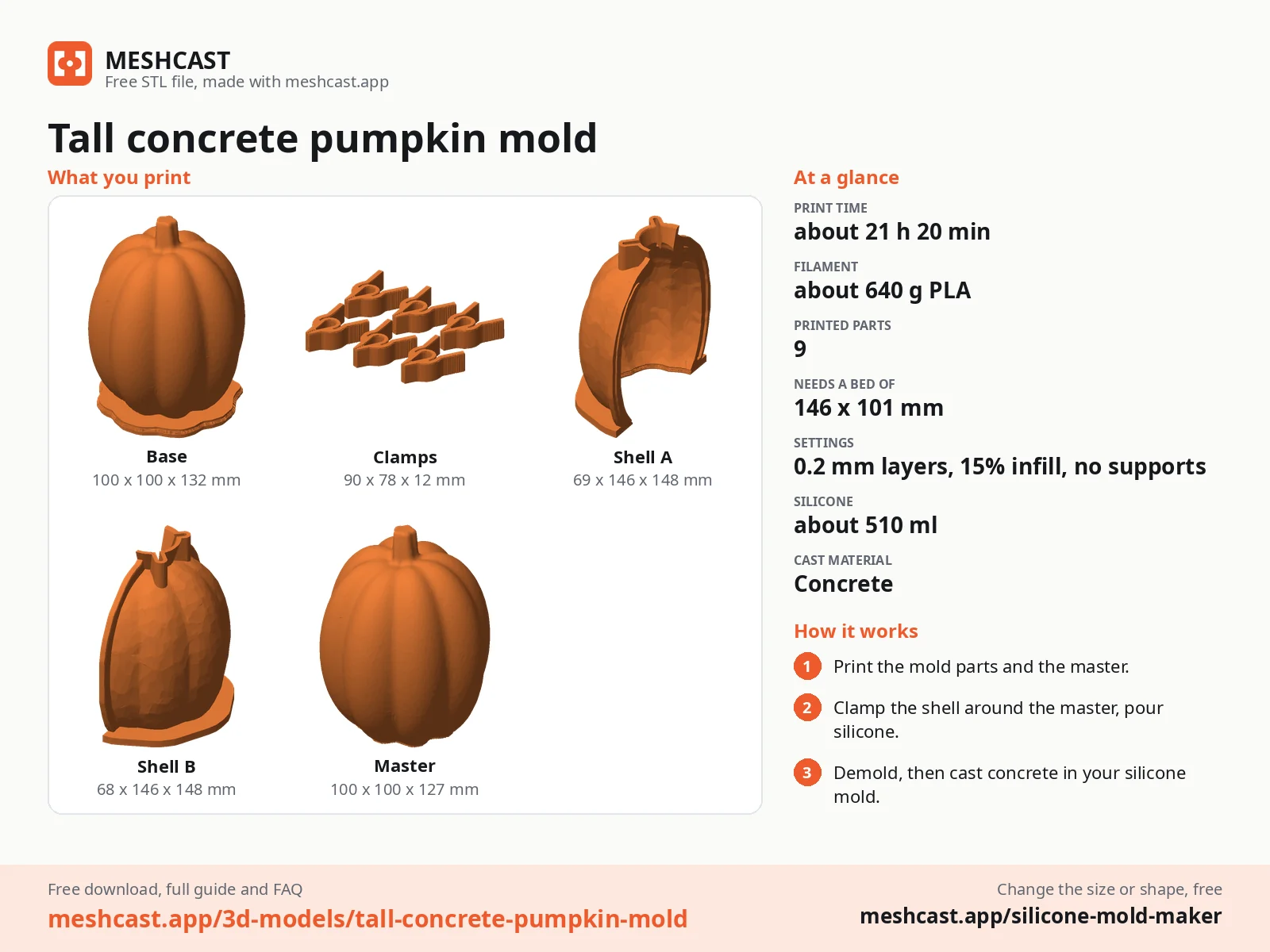 Tall concrete pumpkin mold at a glance: every printed part with its size, print time, filament, print settings and the three steps to use it