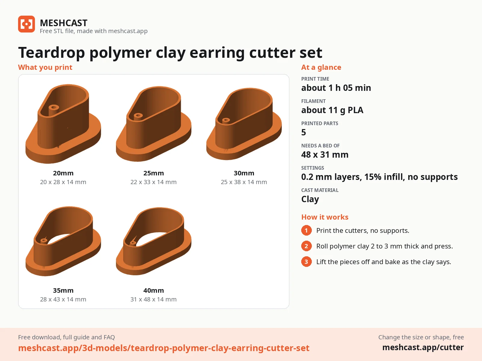 Teardrop polymer clay earring cutter set at a glance: every printed part with its size, print time, filament, print settings and the three steps to use it
