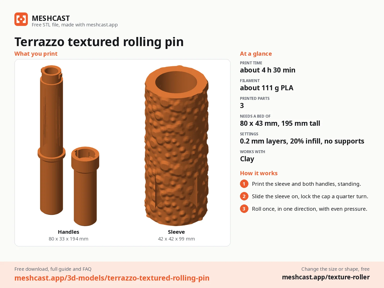 Terrazzo textured rolling pin at a glance: every printed part with its size, print time, filament, print settings and the three steps to use it