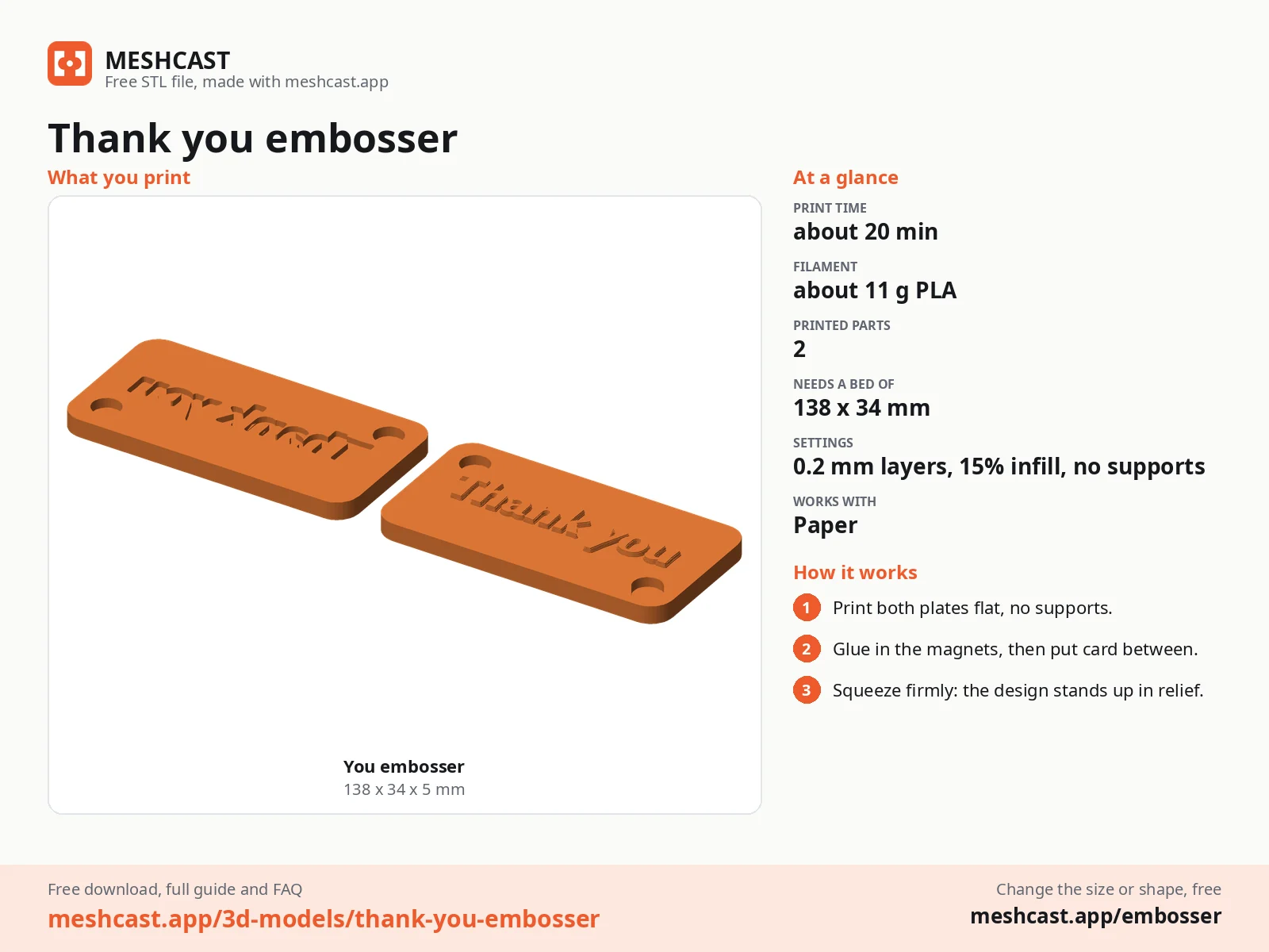 Thank you embosser at a glance: every printed part with its size, print time, filament, print settings and the three steps to use it