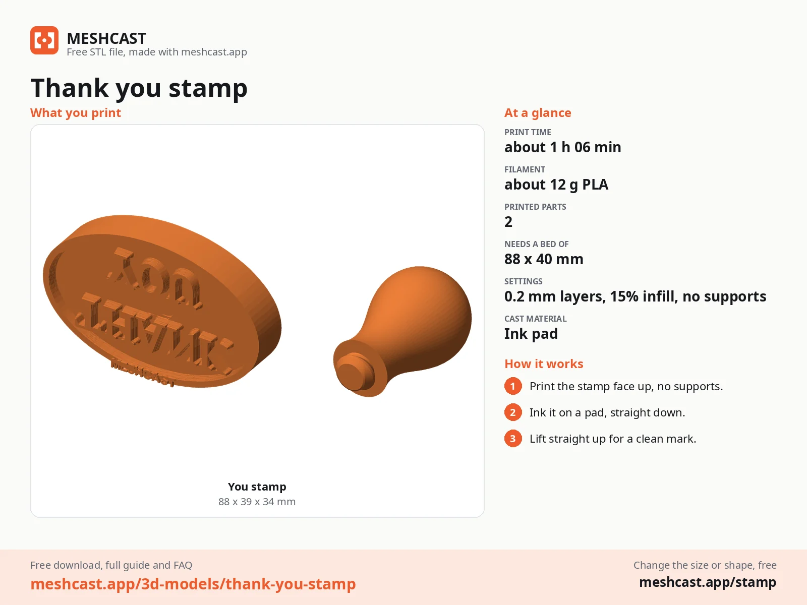 Thank you stamp at a glance: every printed part with its size, print time, filament, print settings and the three steps to use it