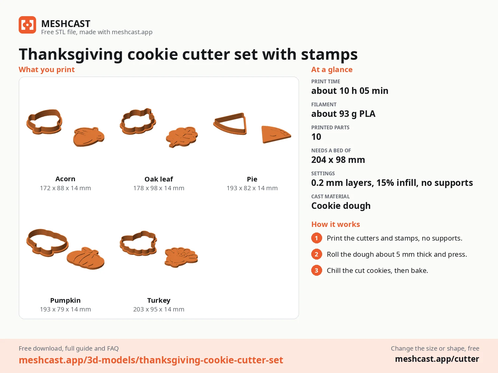 Thanksgiving cookie cutter set with stamps at a glance: every printed part with its size, print time, filament, print settings and the three steps to use it