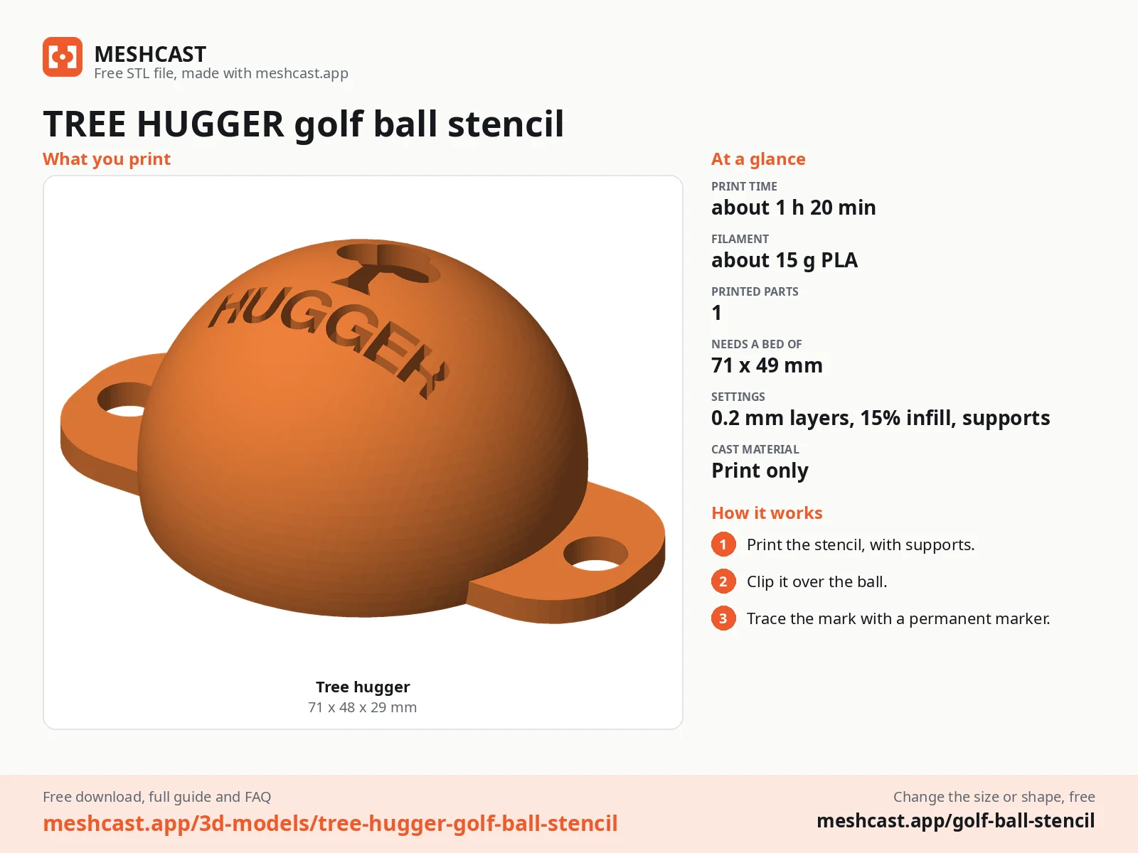 TREE HUGGER golf ball stencil at a glance: every printed part with its size, print time, filament, print settings and the three steps to use it