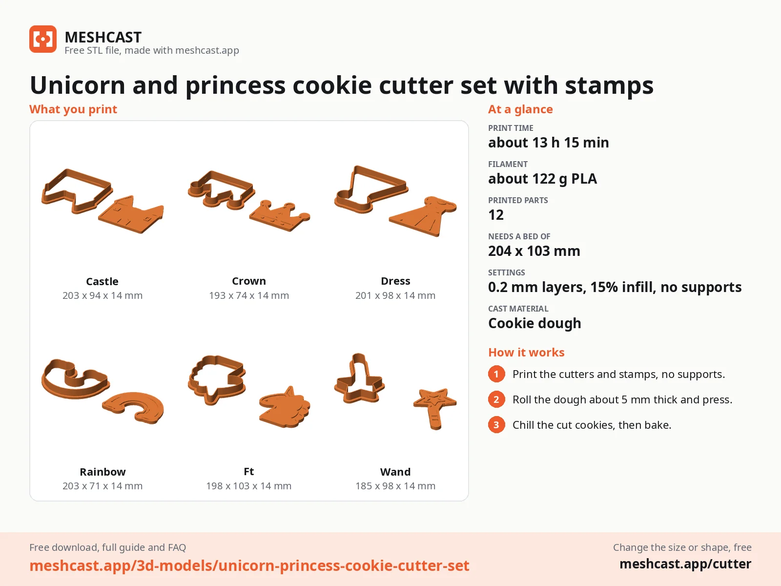 Unicorn and princess cookie cutter set with stamps at a glance: every printed part with its size, print time, filament, print settings and the three steps to use it