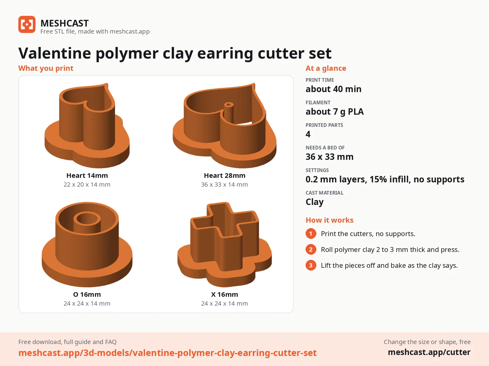 Valentine polymer clay earring cutter set at a glance: every printed part with its size, print time, filament, print settings and the three steps to use it