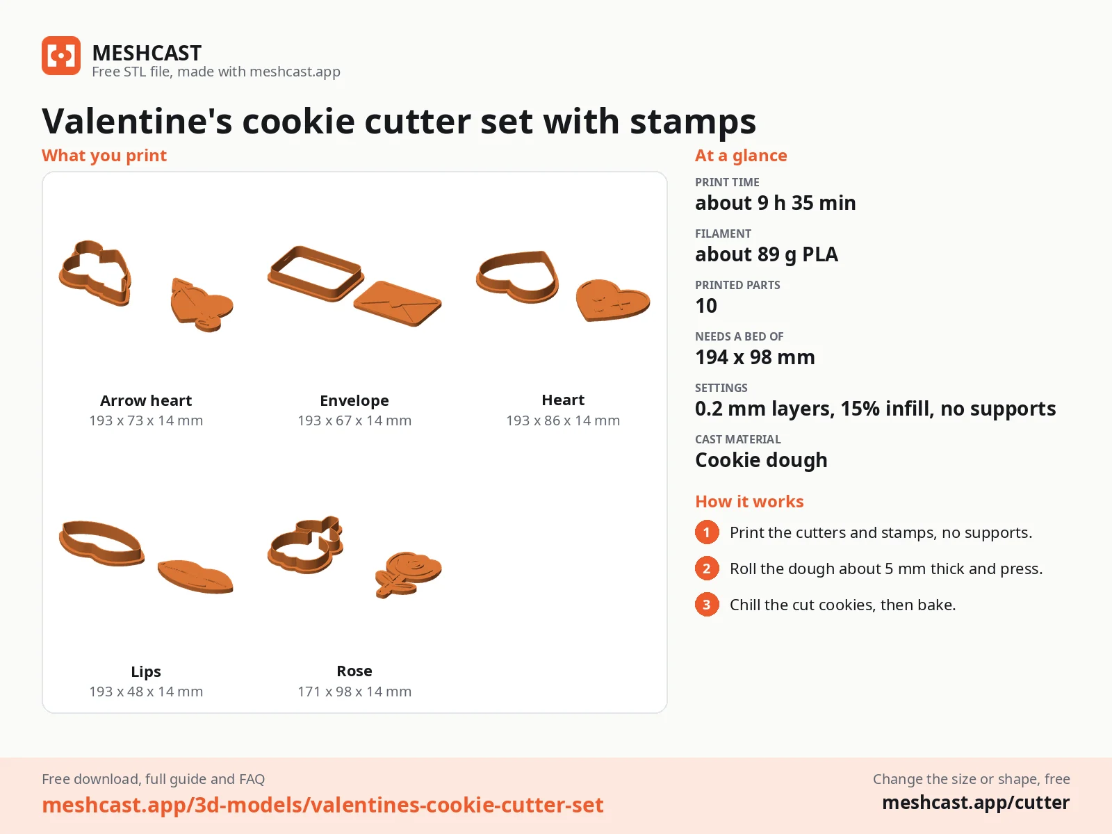 Valentine's cookie cutter set with stamps at a glance: every printed part with its size, print time, filament, print settings and the three steps to use it