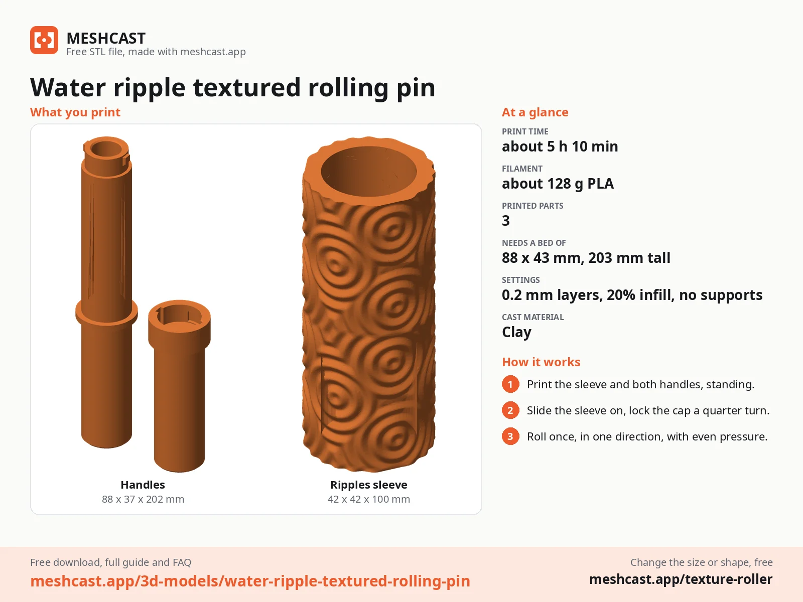 Water ripple textured rolling pin at a glance: every printed part with its size, print time, filament, print settings and the three steps to use it