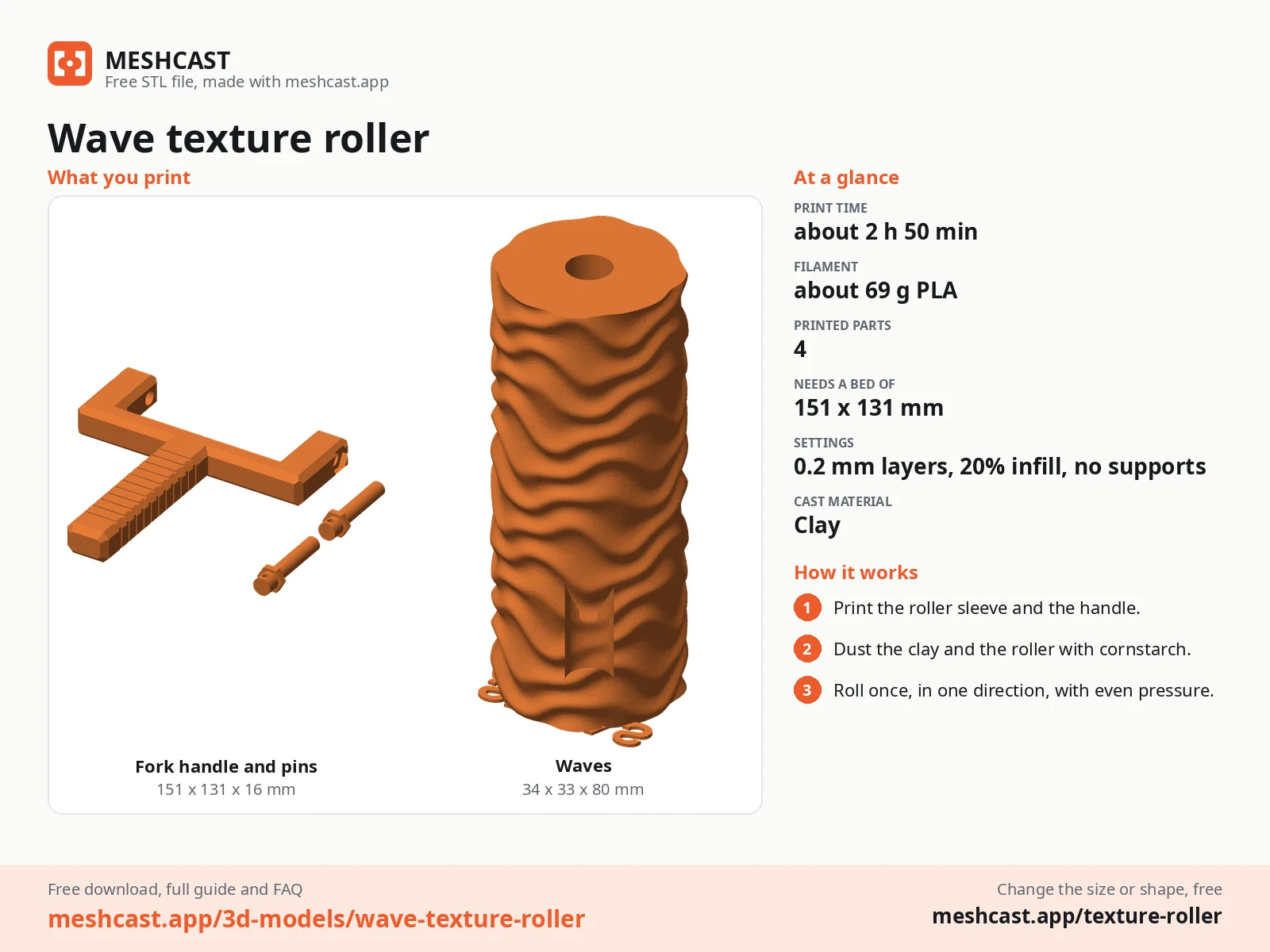 Wave texture roller at a glance: every printed part with its size, print time, filament, print settings and the three steps to use it