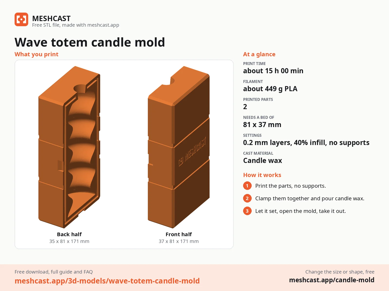 Wave totem candle mold at a glance: every printed part with its size, print time, filament, print settings and the three steps to use it
