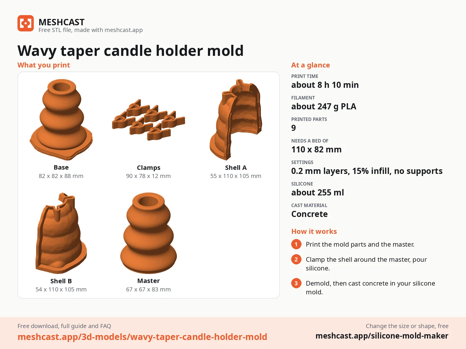 Wavy taper candle holder mold at a glance: every printed part with its size, print time, filament, print settings and the three steps to use it
