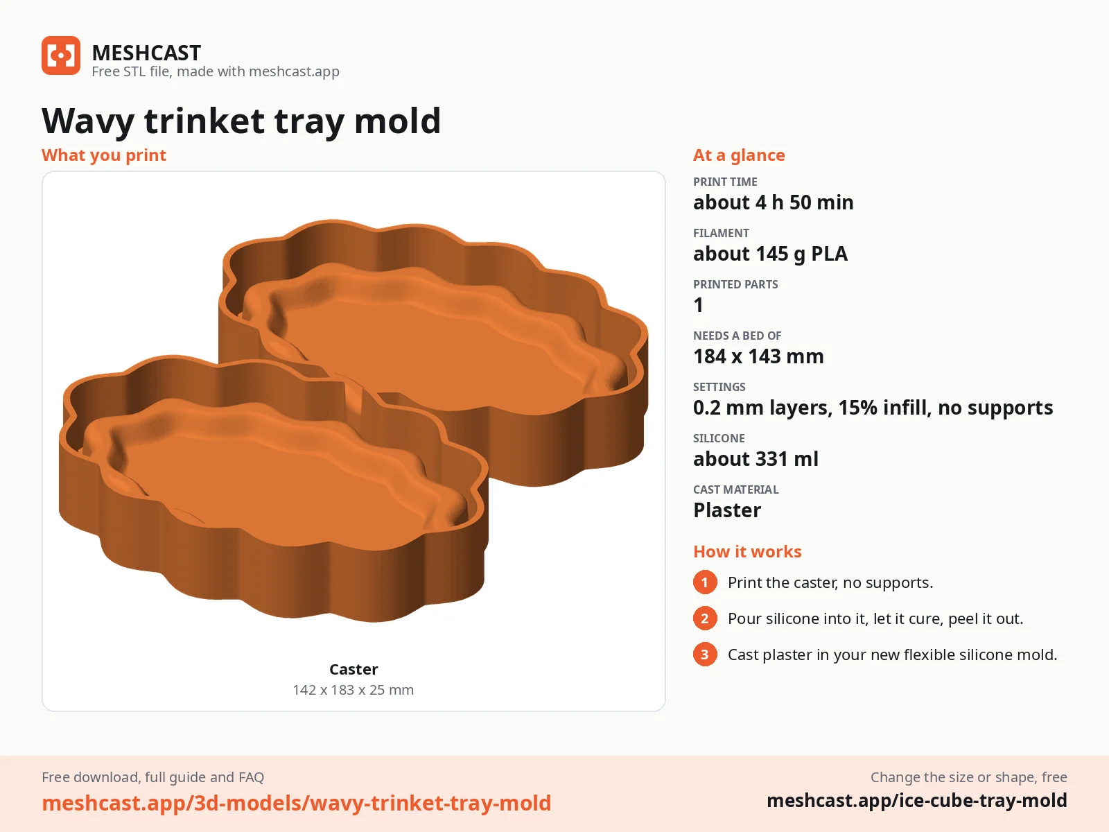 Wavy trinket tray mold at a glance: every printed part with its size, print time, filament, print settings and the three steps to use it